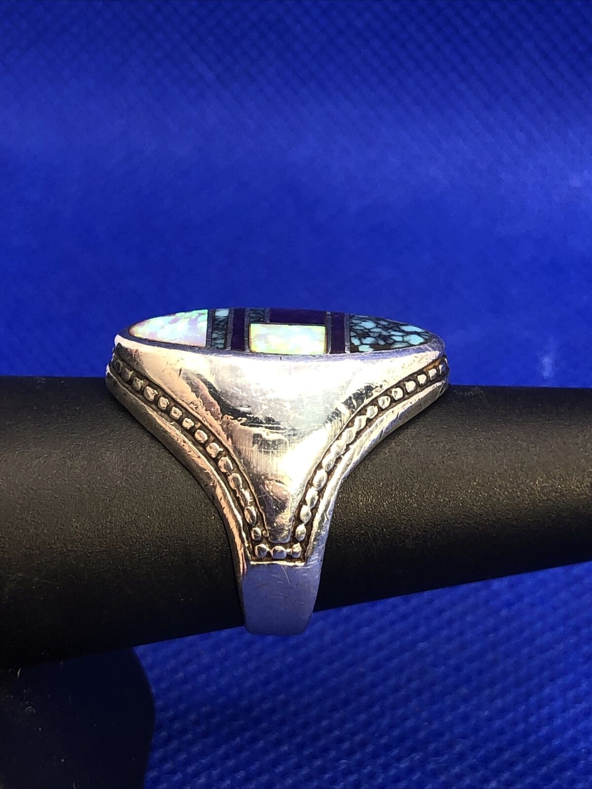 Vintage Designer Sterling Silver Purple Onyx Opal Turquoise Inlay Finger Ring