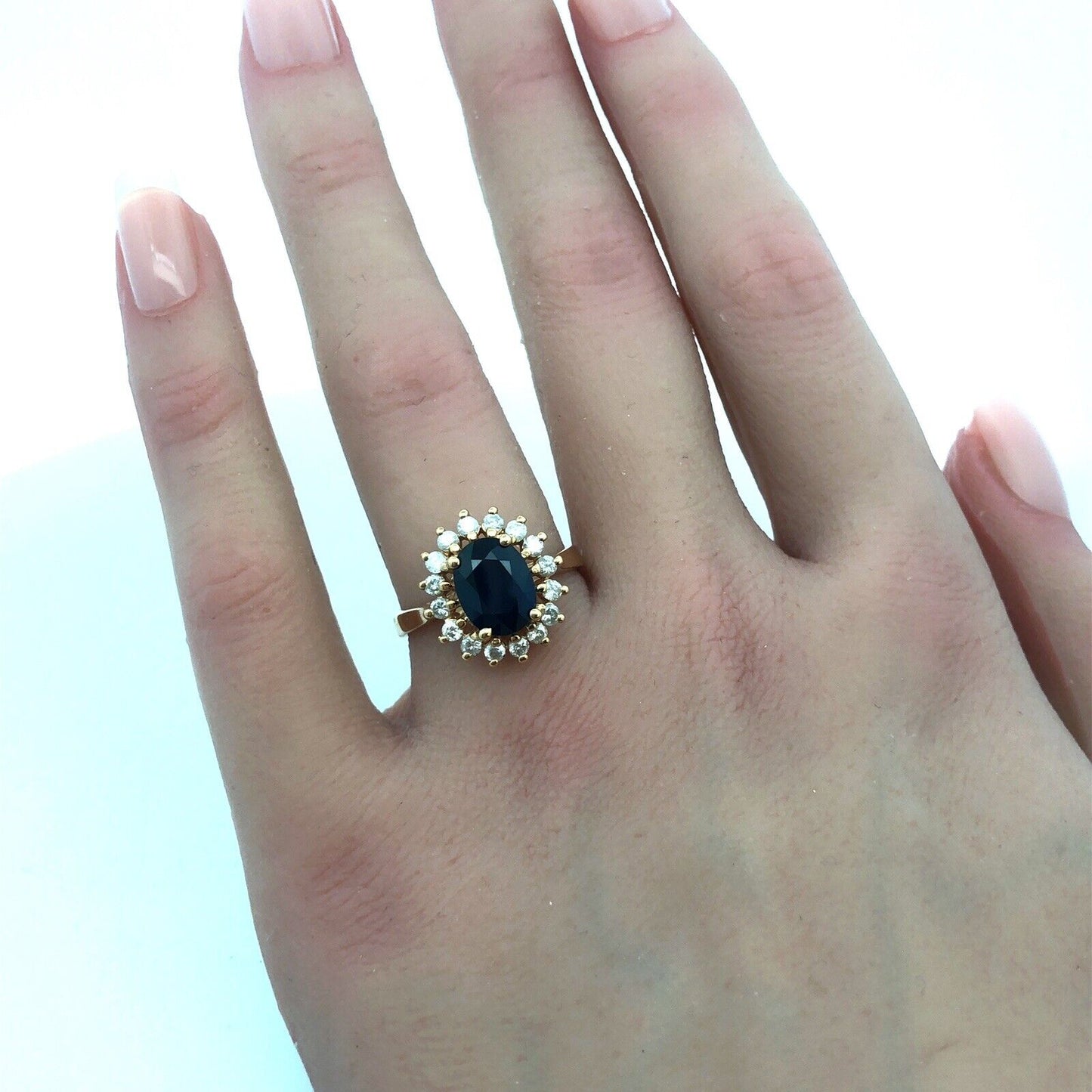 Designer 14K Yellow Gold Oval Blue Sapphire Diamond Halo Statement Cocktail Ring