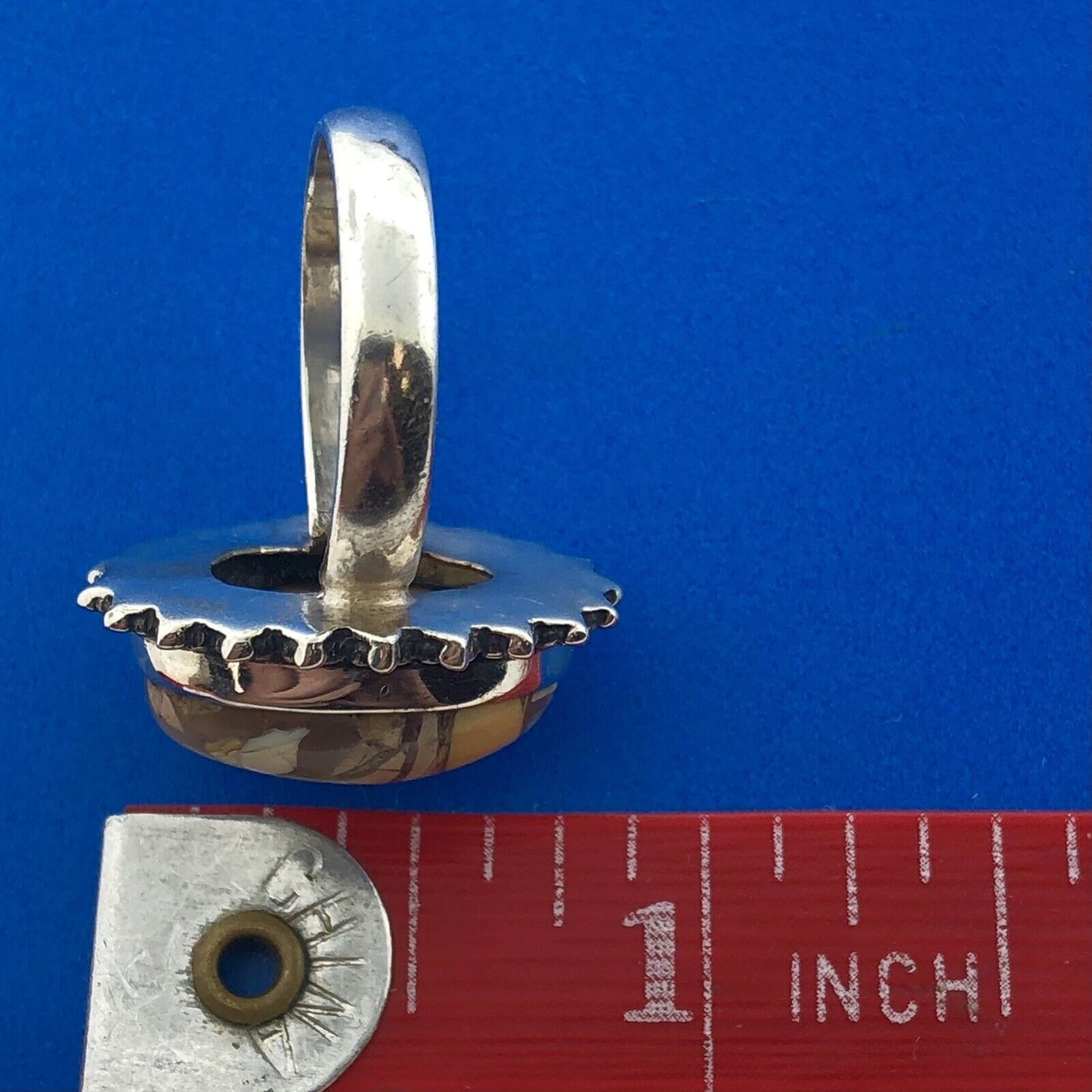 Vintage 925 Sterling Silver Oval Enamel Mosaic Jasper Inlay Statement Ring