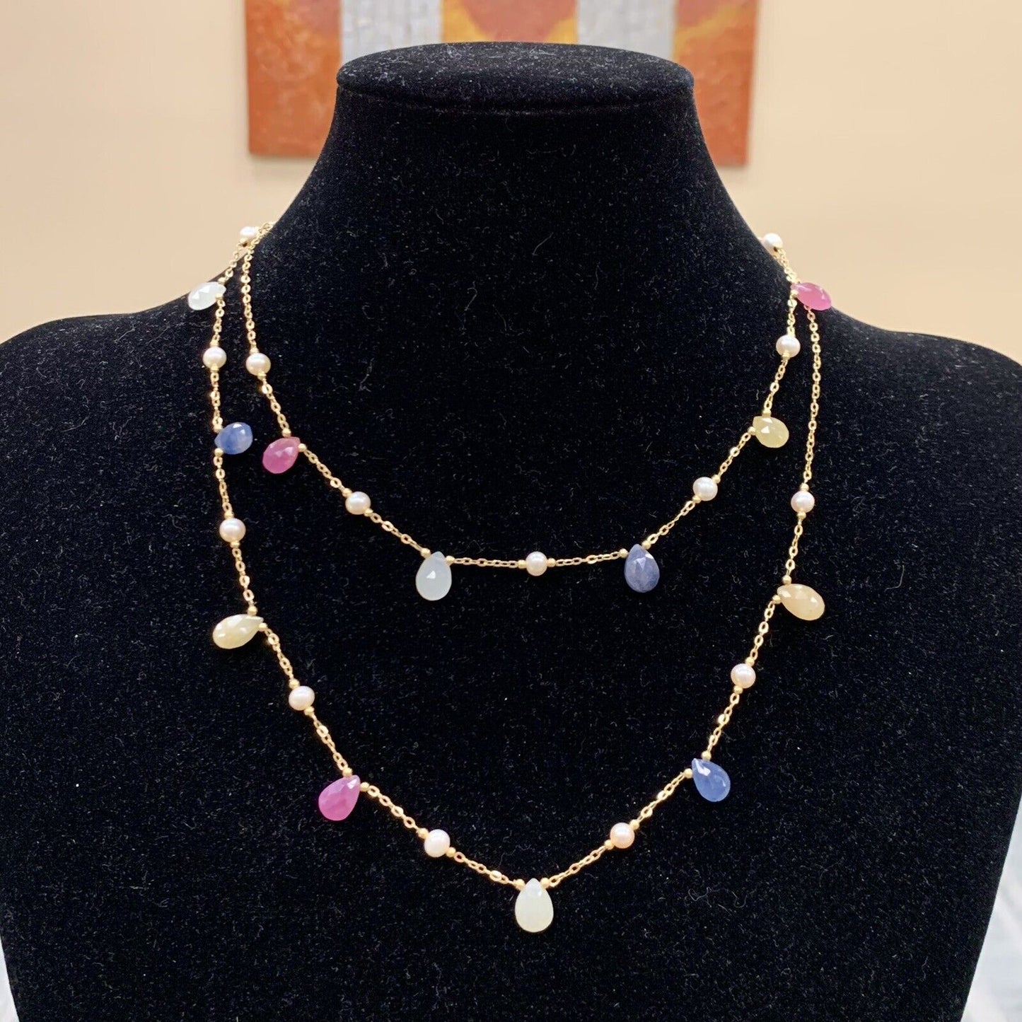Designer 18K Yellow Gold Spinel Ruby Sapphire Pearl Station Long Chain Necklace