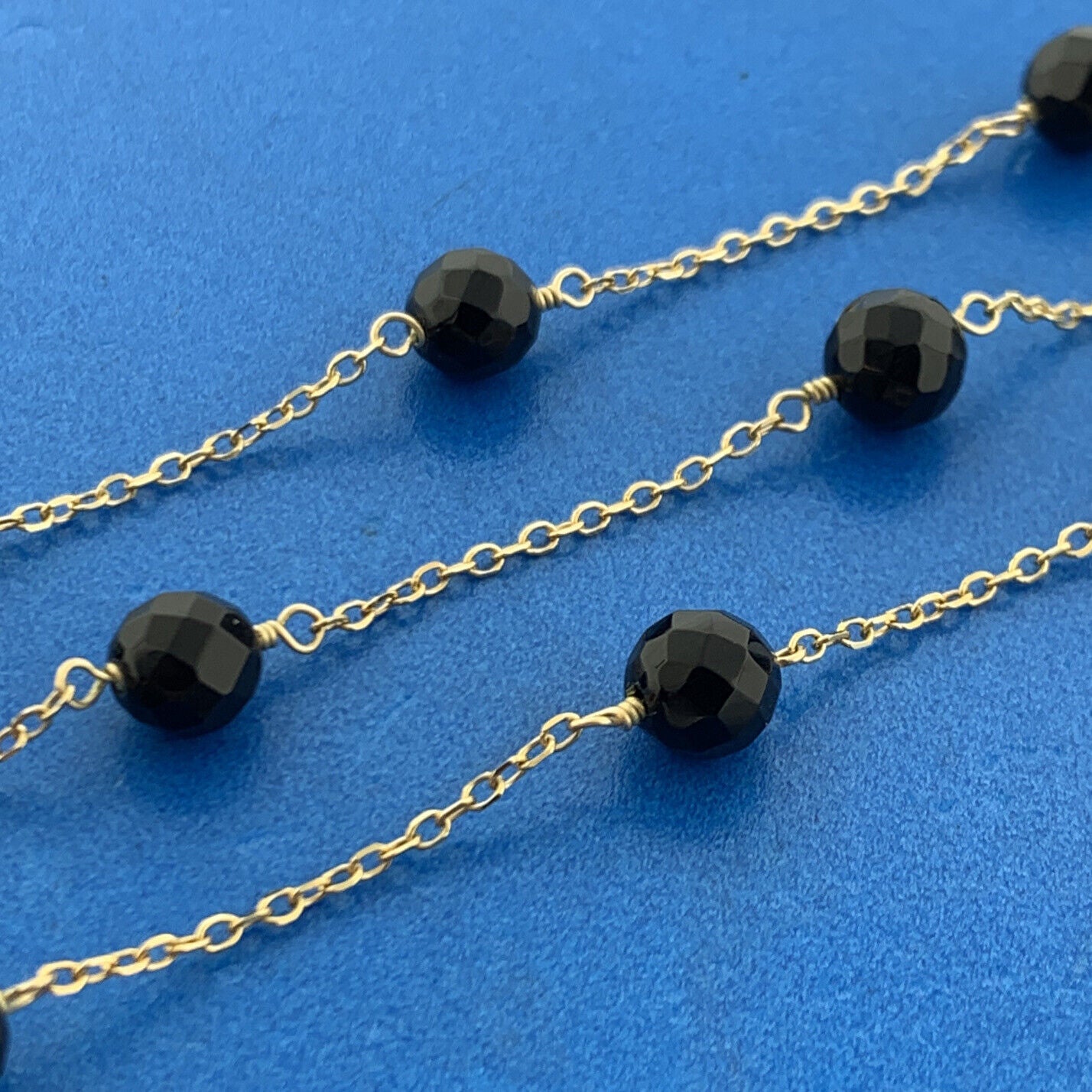 Designer 14K Yellow Gold Faceted Black Onyx Bead Station Chain Necklace