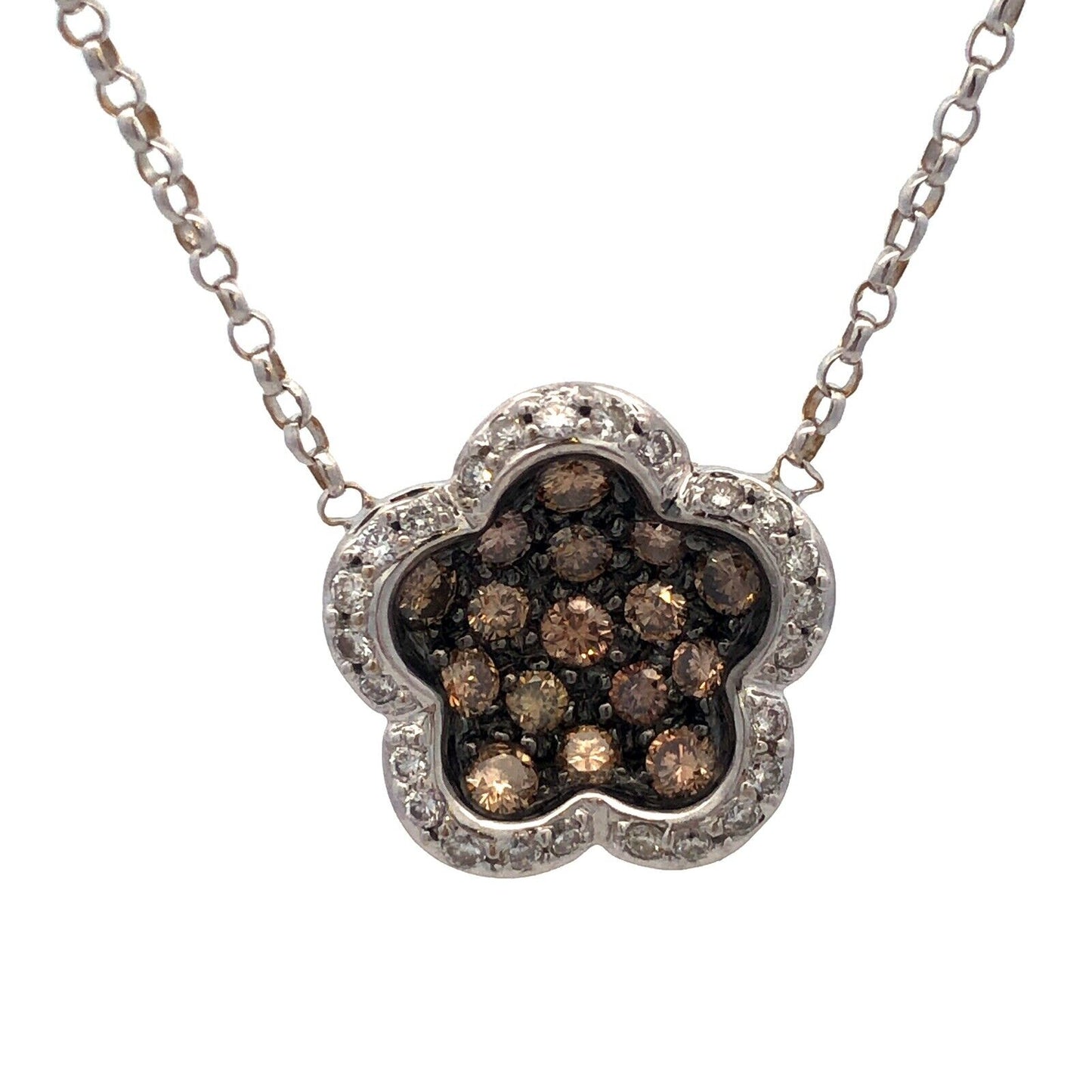 Designer 18K White Gold Champagne & White Diamond Flower Cluster Necklace