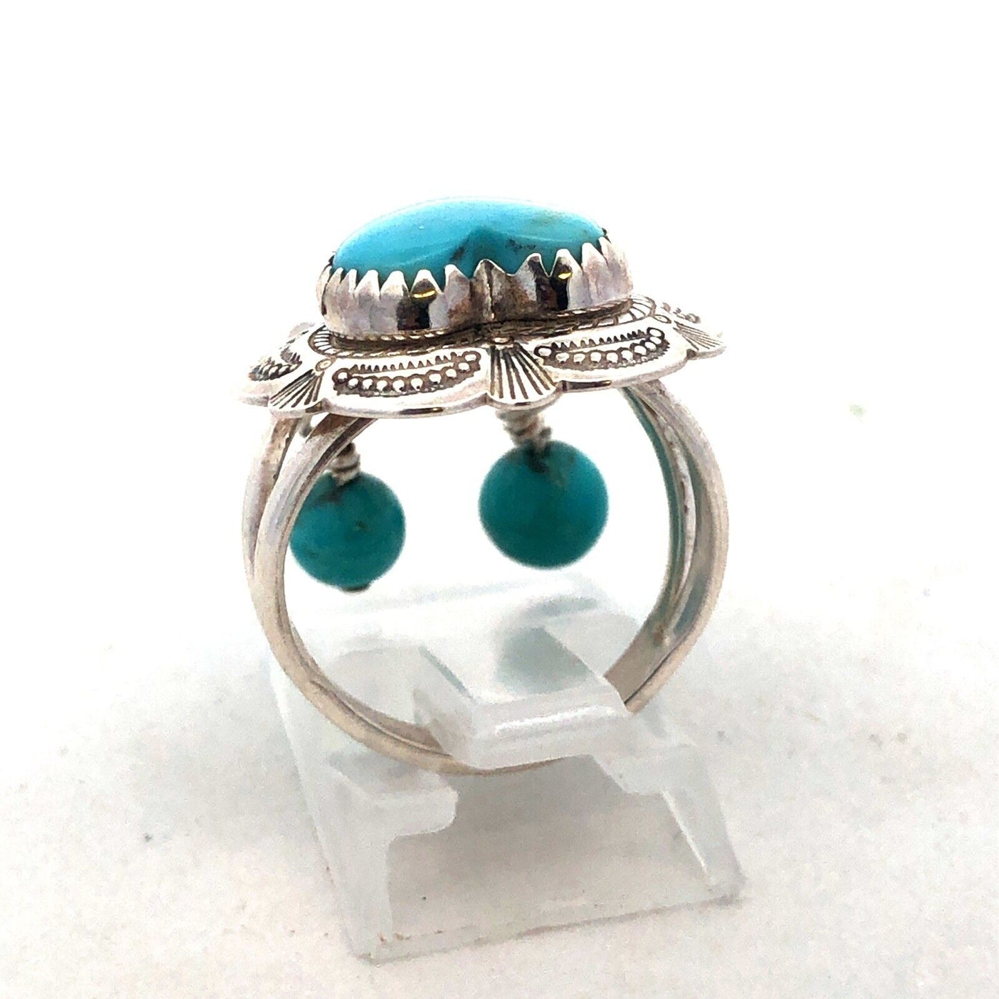 Native American QT 925 Sterling Silver Heart Turquoise Dangle Bead Charm Ring