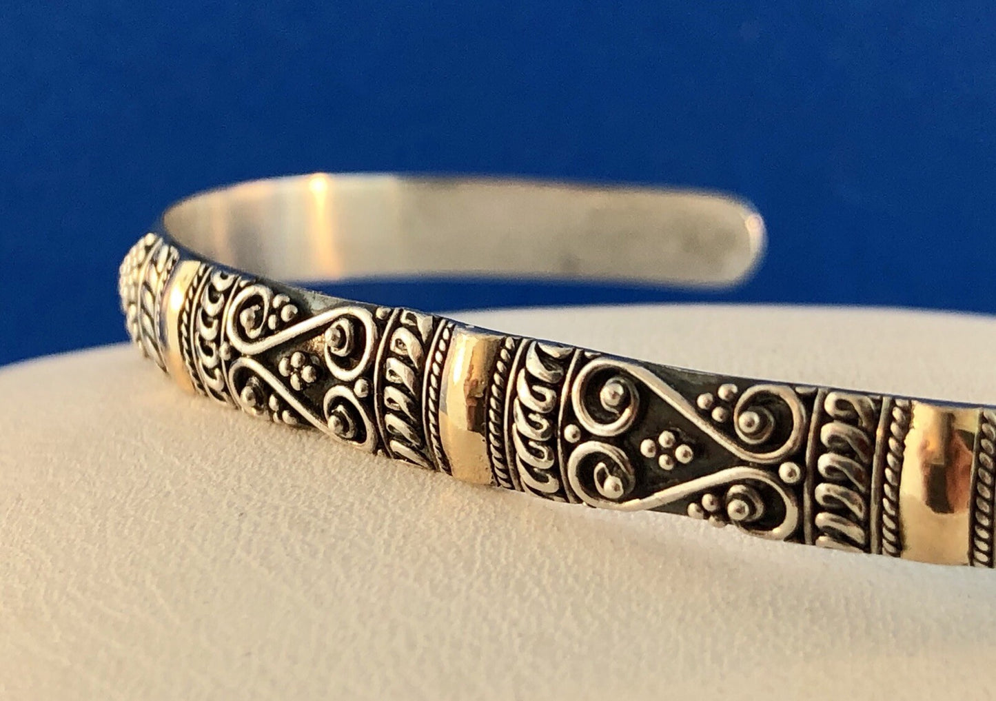 Designer Sterling Silver 18K Yellow Gold Dot Bead Scroll Work Bangle Bracelet