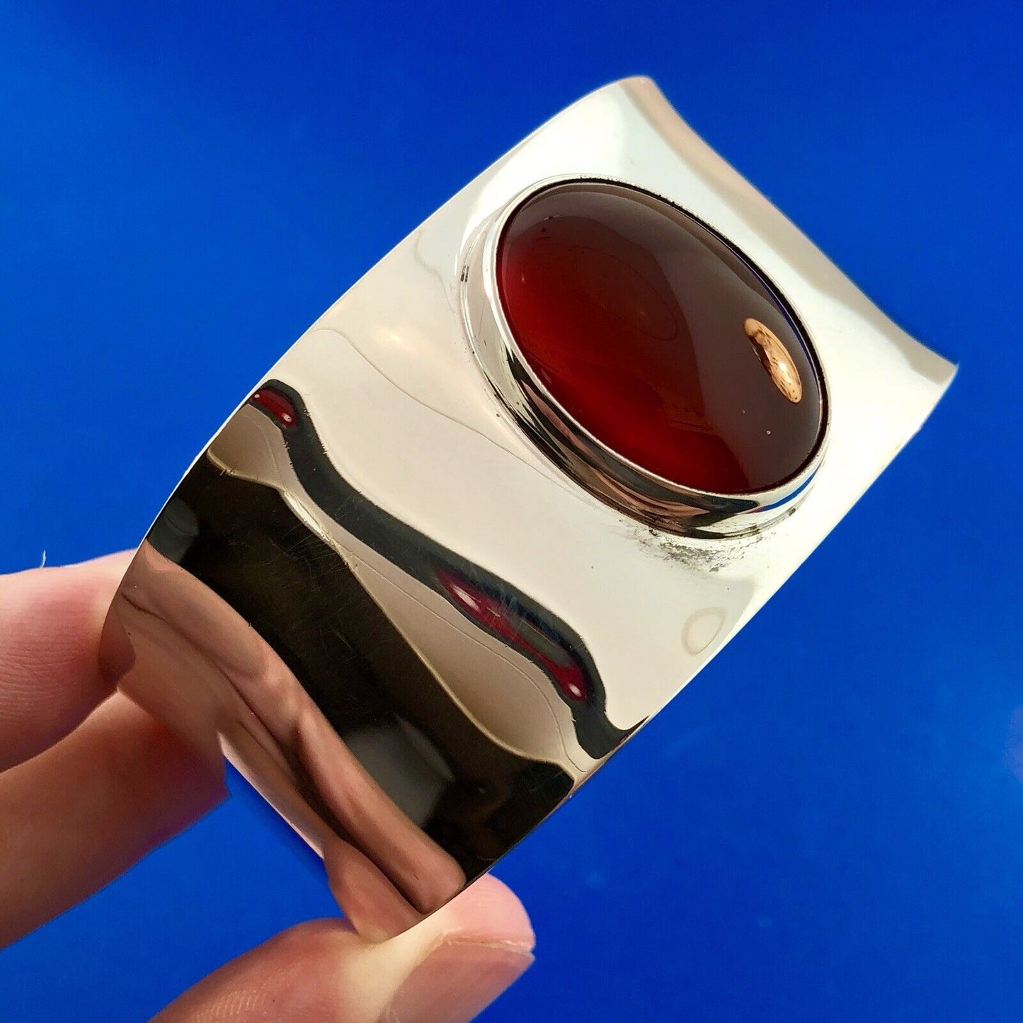 CII Mexico Taxco 925 Sterling Silver Carnelian Cabochon Statement Cuff Bracelet