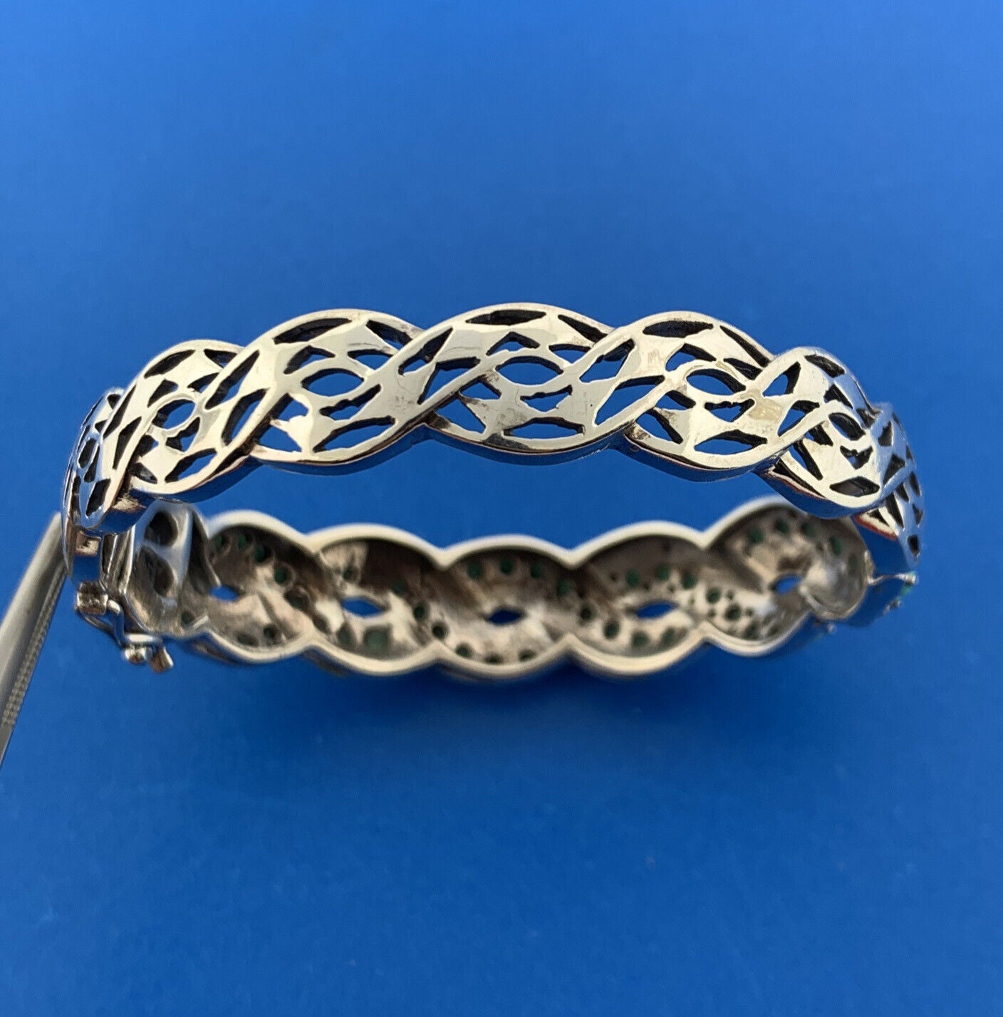Sterling Silver 925 Turquoise Marcasite Dual Spiral 7" Hinged Cuff Bracelet