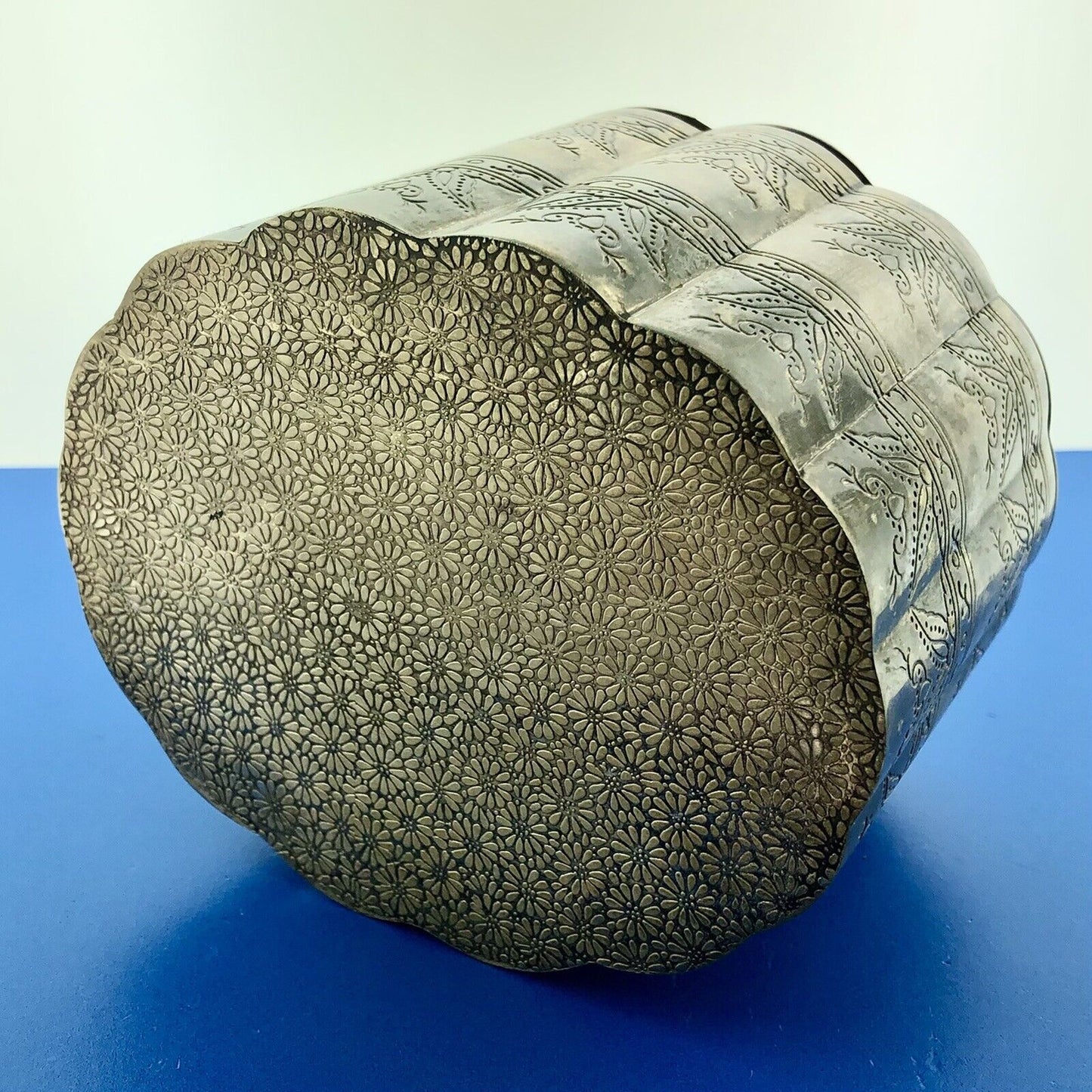 Vintage Silver Plate Velvet Lined Floral Scroll Etched Trinket Jewelry Box
