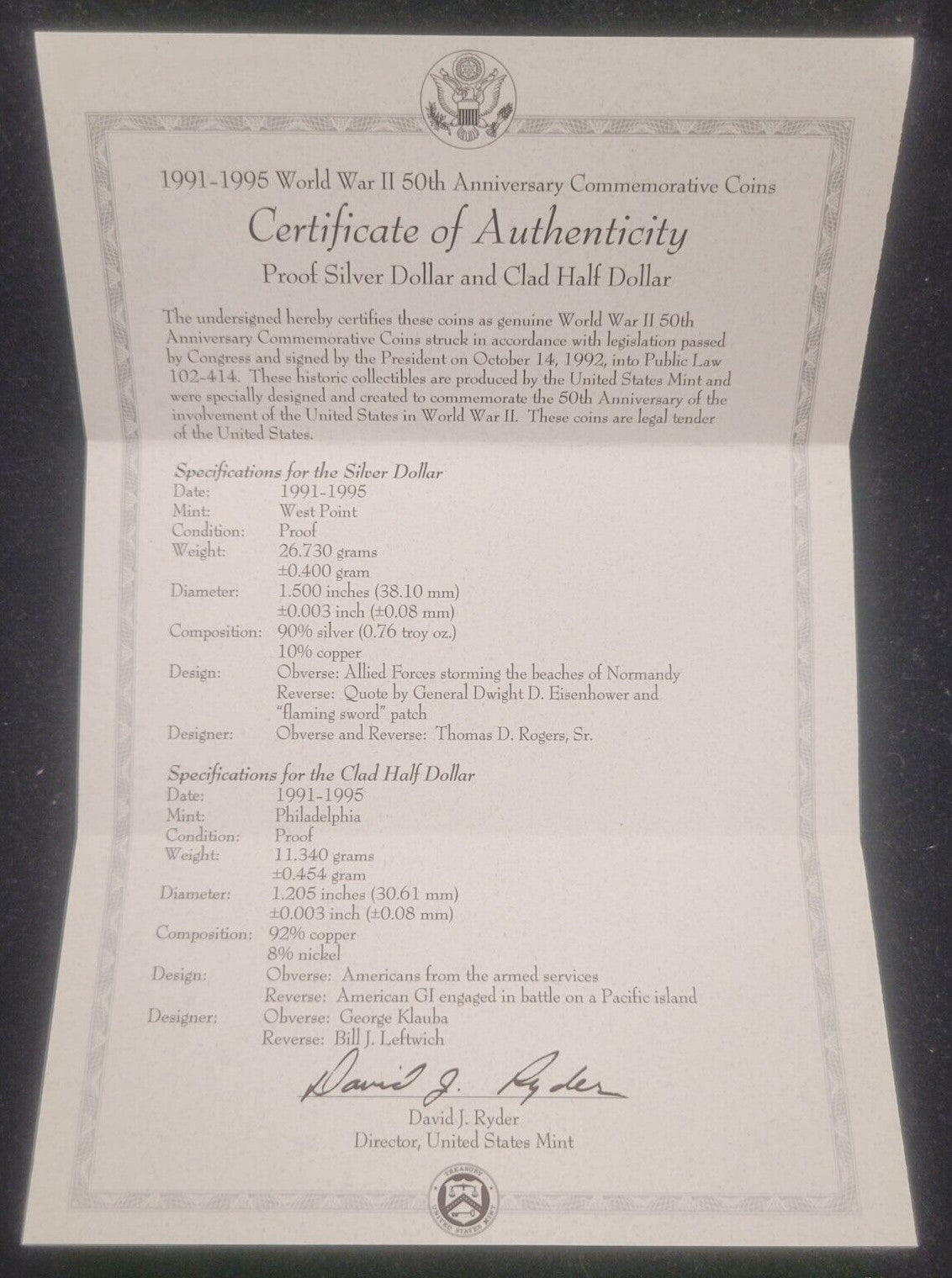 1991-1995 WWII 50th Anniversary Two Coin .900 Silver Proof Commemorative Set