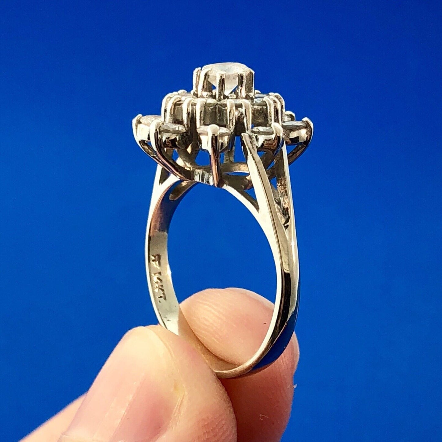 Art Deco 14K White Gold Diamond Starburst Floral Cluster Bridal Anniversary Ring
