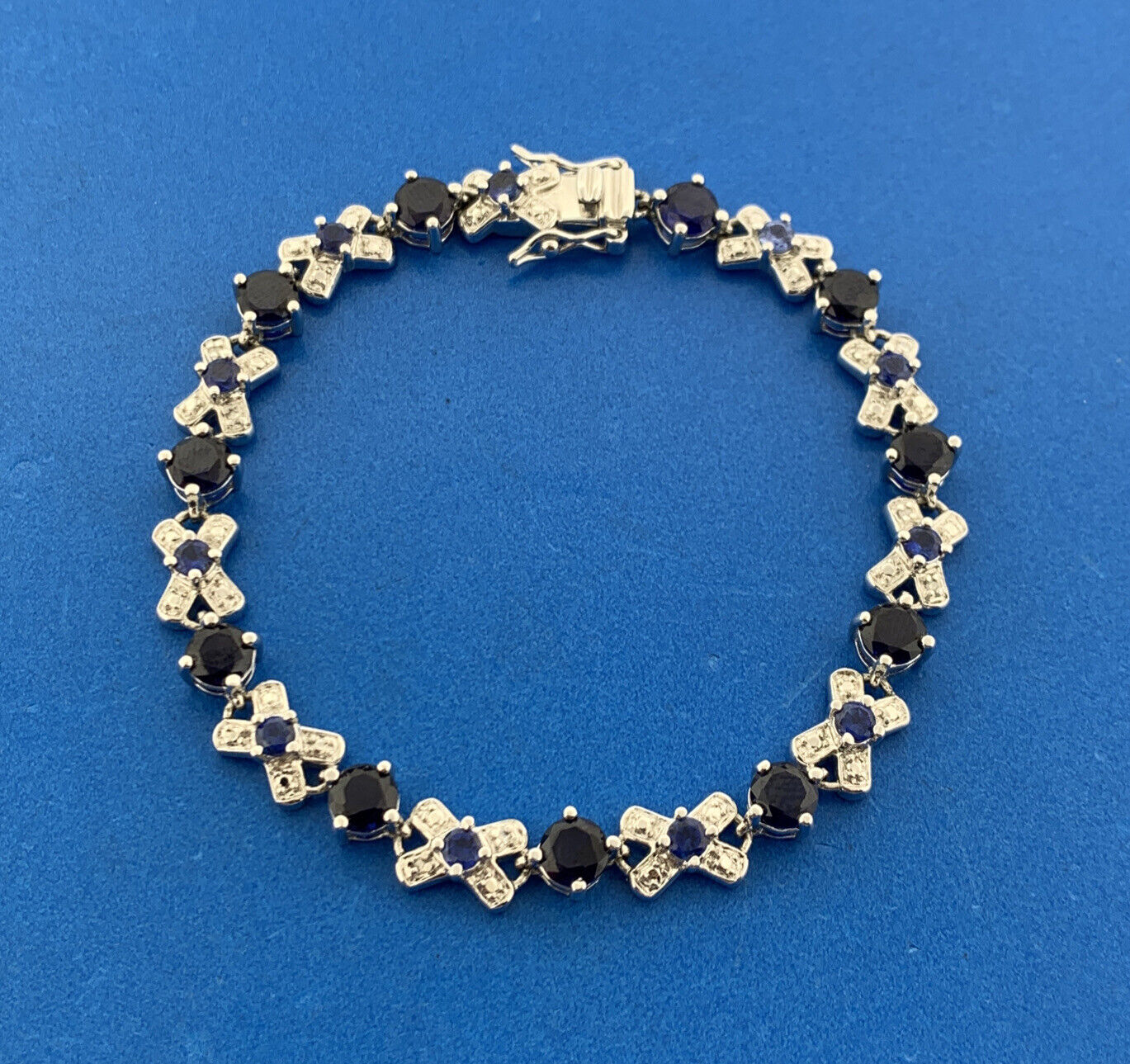 Designer 925 Sterling Silver Blue Sapphire Diamond X O Statement Tennis Bracelet