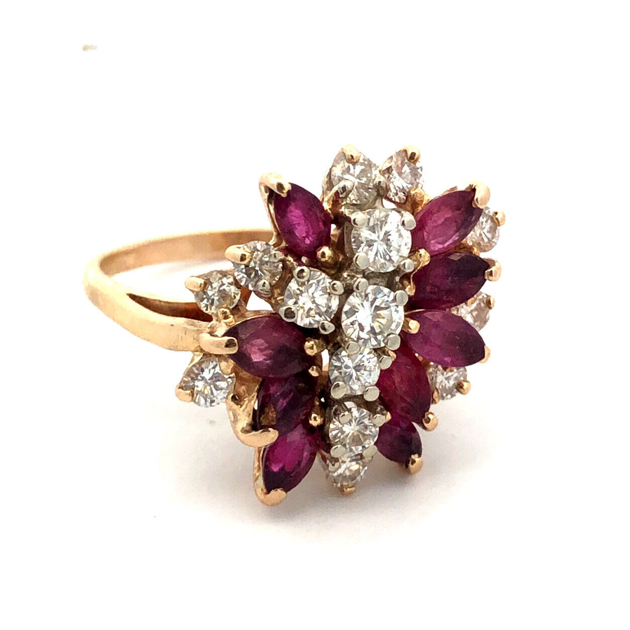 14K Yellow Gold Marquise Ruby Diamond Cluster Waterfall Ring