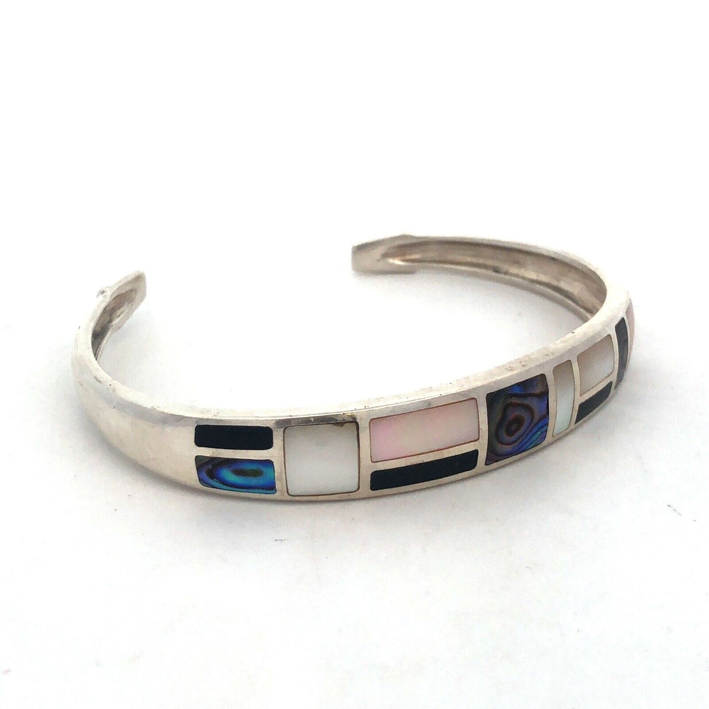 Designer Sterling Silver Abalone Mother Of Pearl Onyx Inlay Open Cuff Bracelet