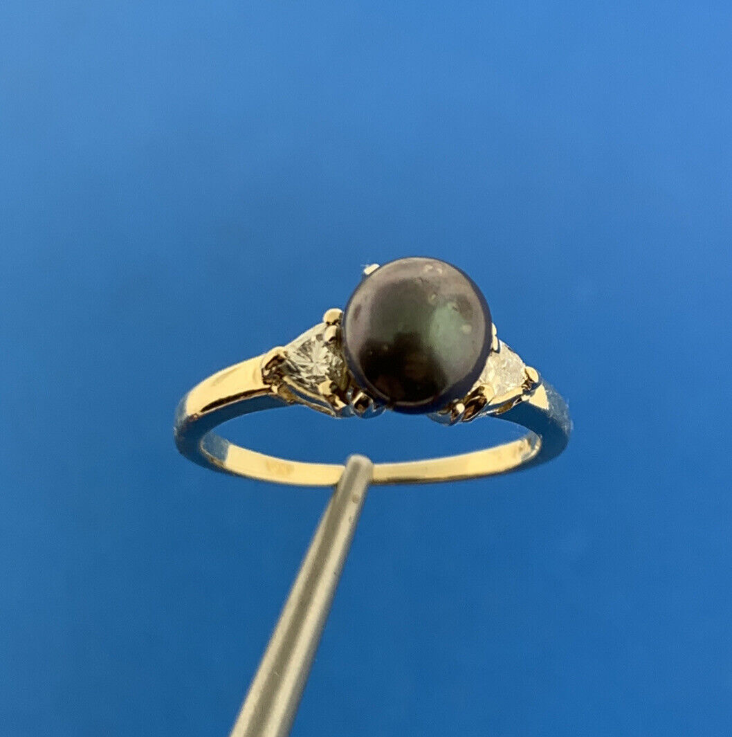 Gorgeous 14k Yellow Gold Black Pearl Trillion Diamond Accent Ring Size 6