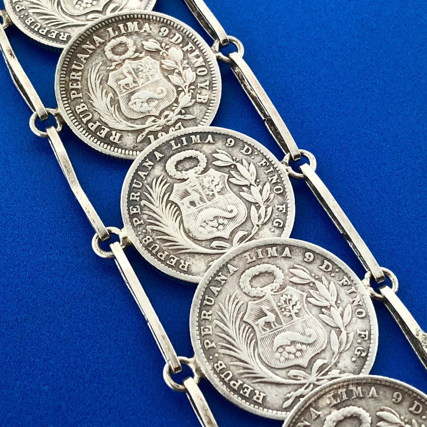 Vintage 925 Sterling Silver 900 Fine Peru 1/5 Sol Eight Coin Panel Bracelet