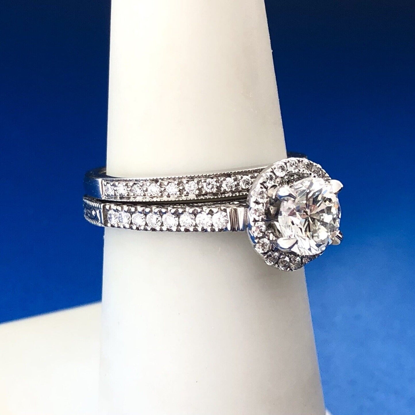 Designer 14K White Gold Round Diamond Solitaire W Halo Accents 2 Ring Bridal Set