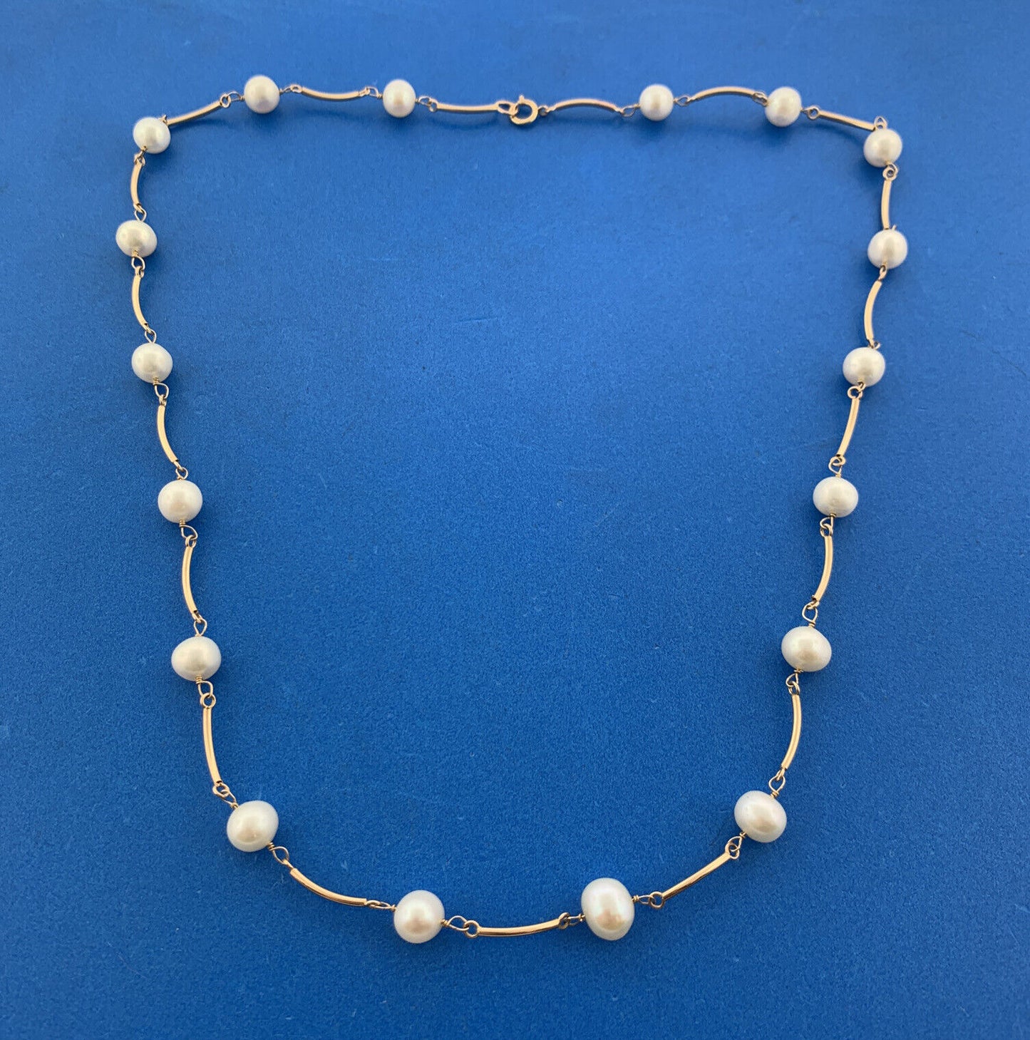 Designer 14K Yellow Gold Pearl Station Bar Link June Bridal Anniversary Necklace
