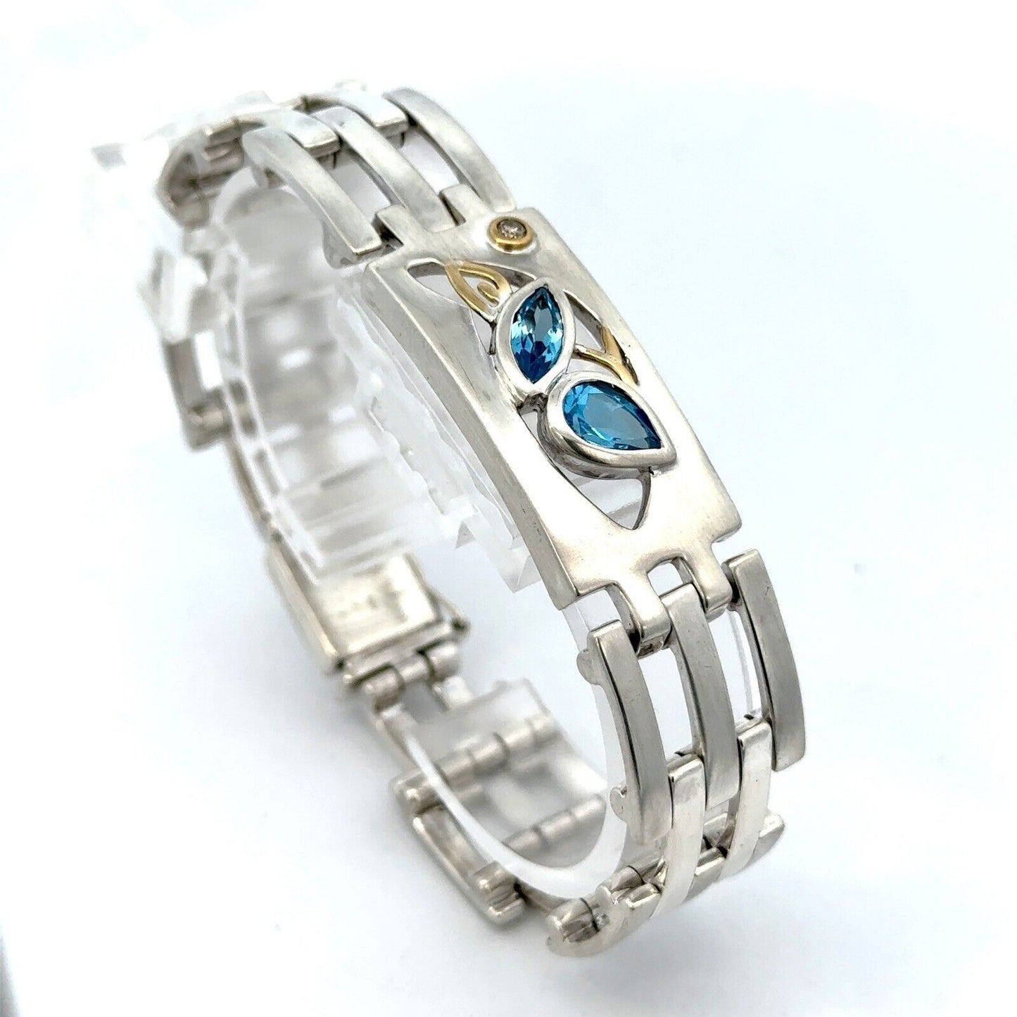 Unisex 18K Yellow Gold Sterling Silver Blue Topaz Diamond Modernist Bracelet