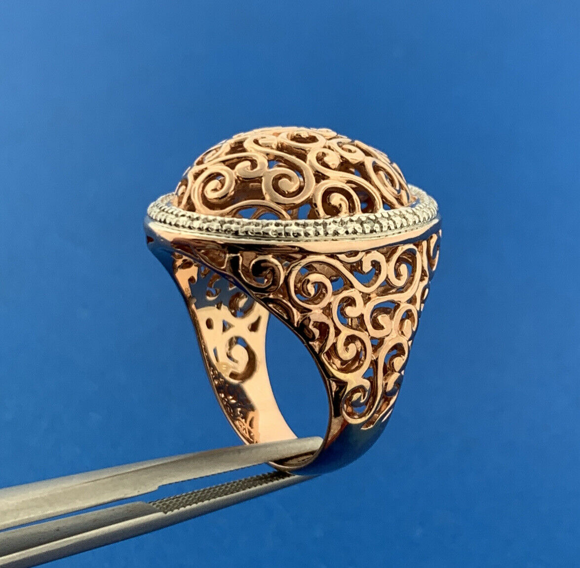 Designer Sterling Silver Rose Vermeil Two Tone Open Scroll Statement Dome Ring