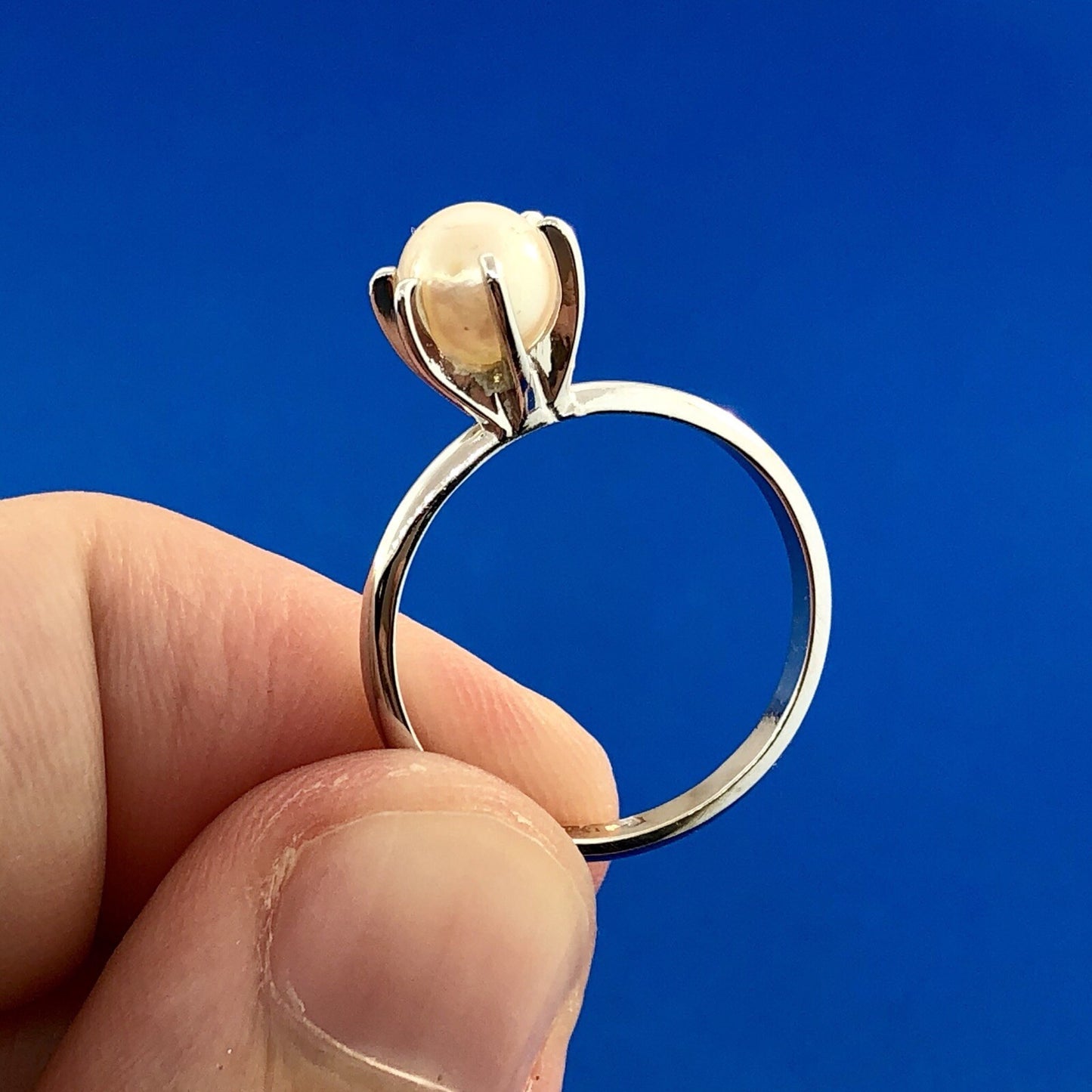 Designer 14K White Gold 6 mm Pearl Solitaire June Bridal Sweetheart Ring