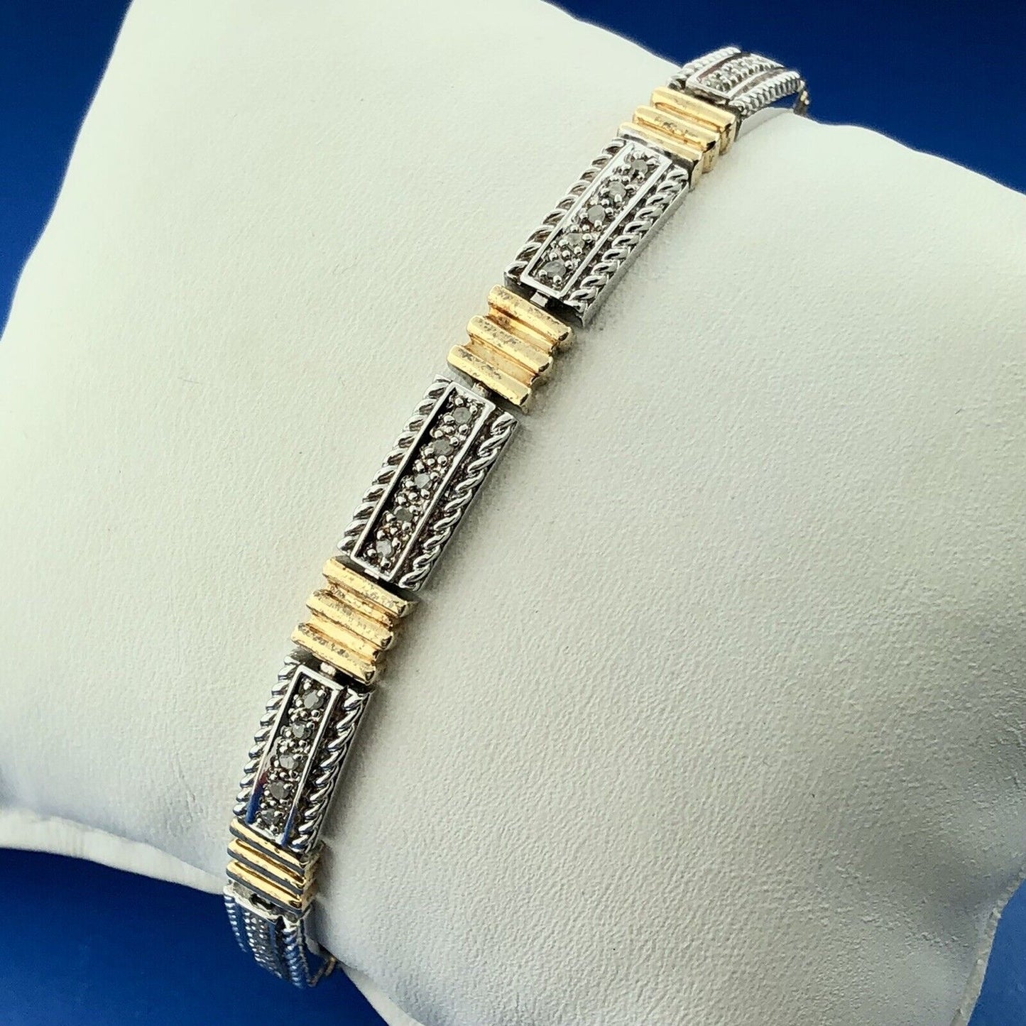 Estate CI 925 Sterling Silver Vermeil Two Tone Diamond Bar Panel Tennis Bracelet