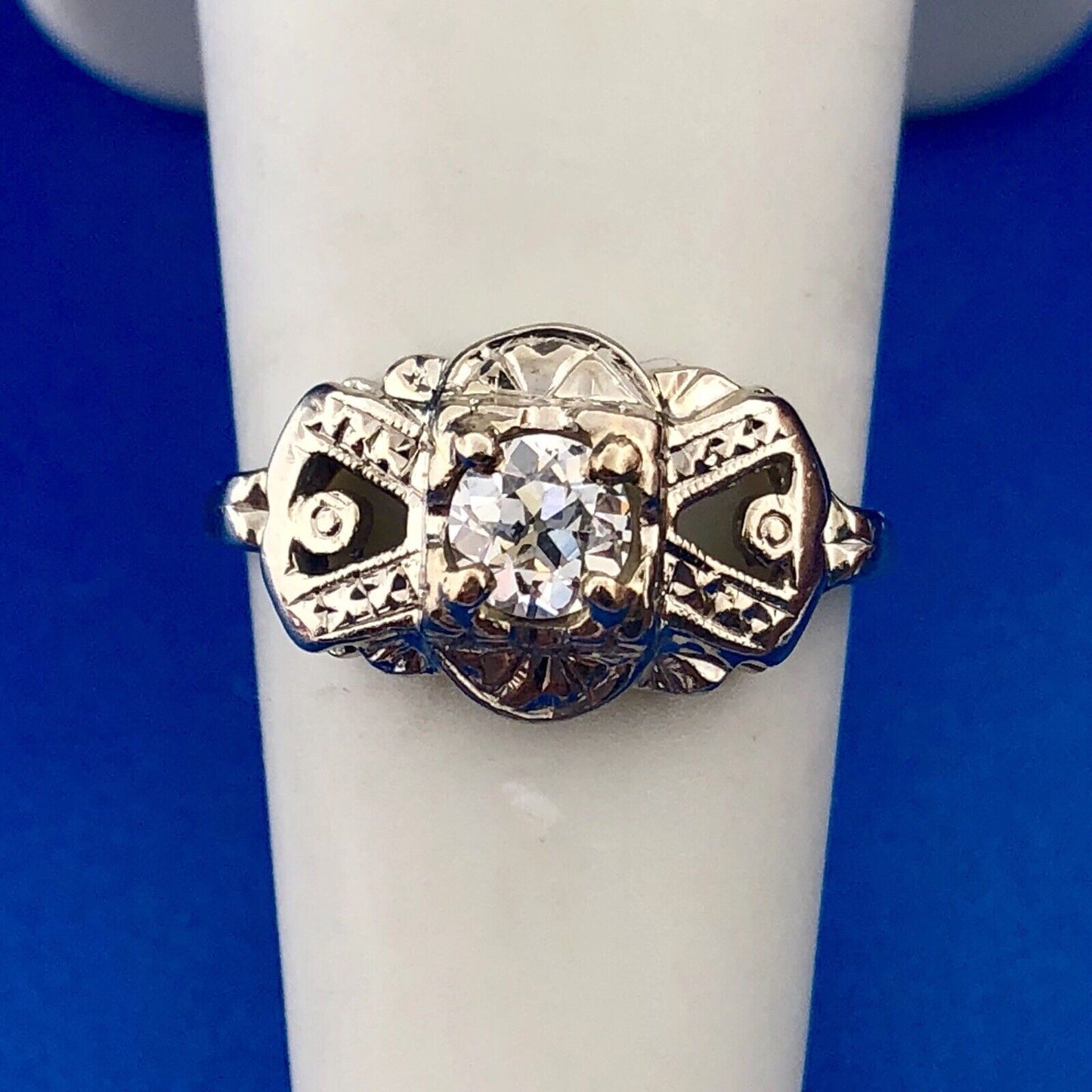 Art Deco 14K White Gold Diamond European Mine Cut Engagement Bridal Ring