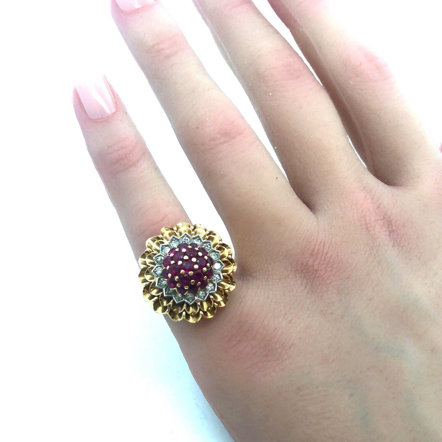 Vintage Artisan 18 Yellow Gold Ruby Diamond Cluster Dome Statement Cocktail Ring