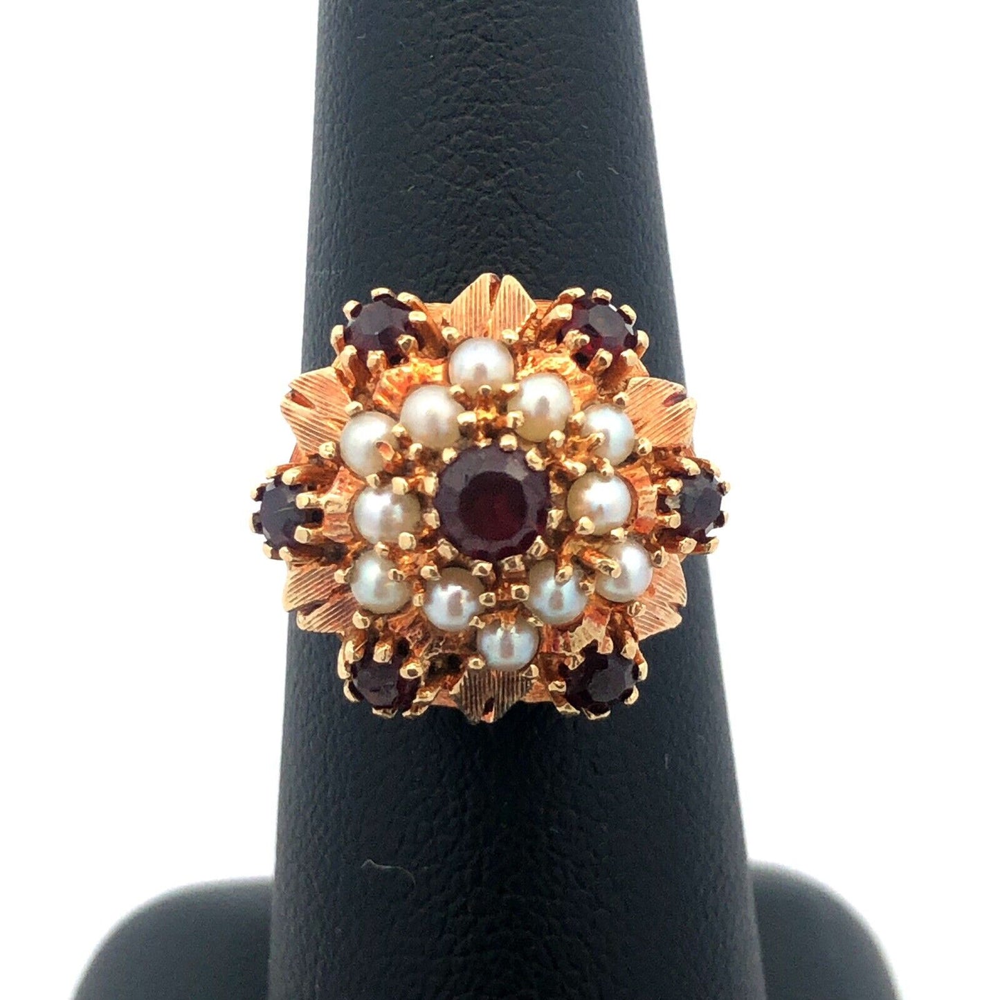 Designer 14k Yellow Gold Round Garnet Pearl Hexagon Cluster Dome Size 6.5 Ring