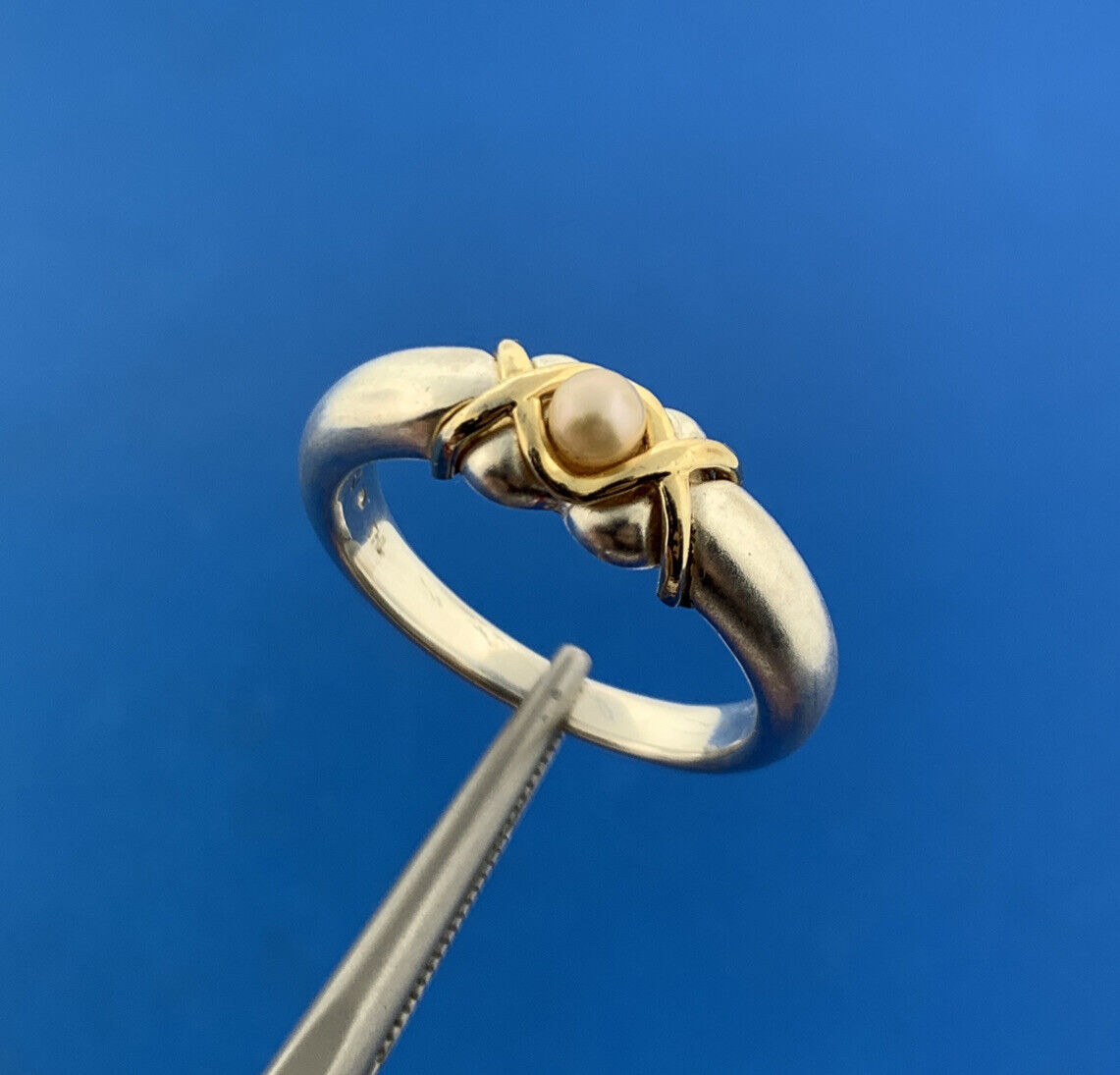 Designer THL 925 Sterling Silver Pearl Brushed Finish Two Tone Band Ring