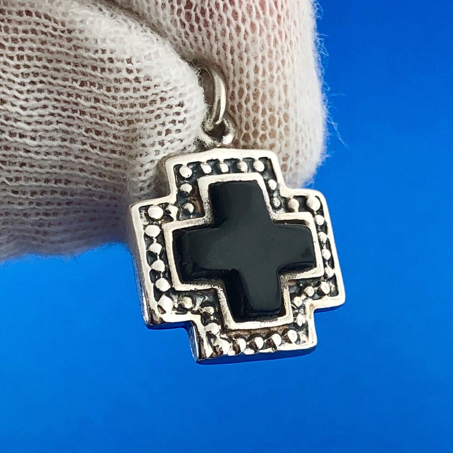 Vintage Mexico 925 Sterling Silver Black Onyx Heart Cross Toggle Charm Bracelet