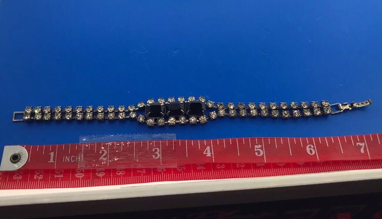Vintage Silver Tone Rectangle Black Round White Rhinestone Runway Bracelet