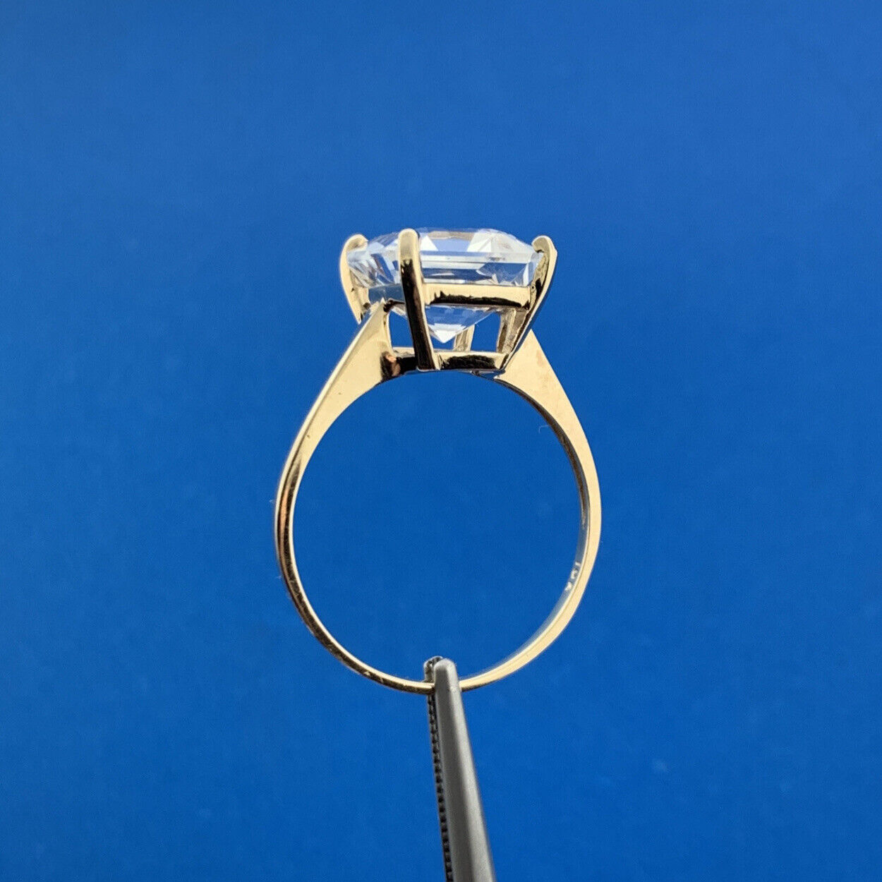 Designer 10K Yellow Gold Emerald Cut White Topaz Solitaire Statement Ring