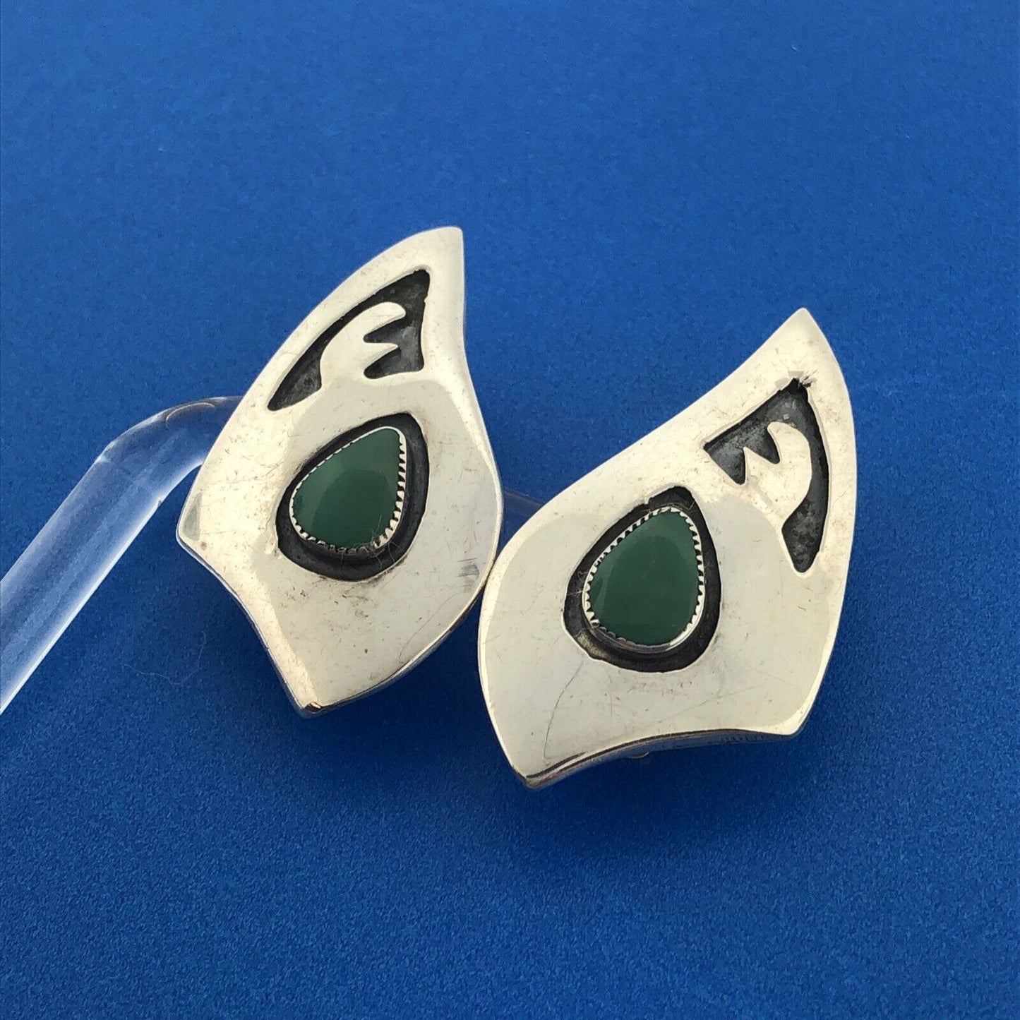 Sterling Silver 925 Teardrop Cabochon Turquoise Jagged Pear Shard Clip Earrings