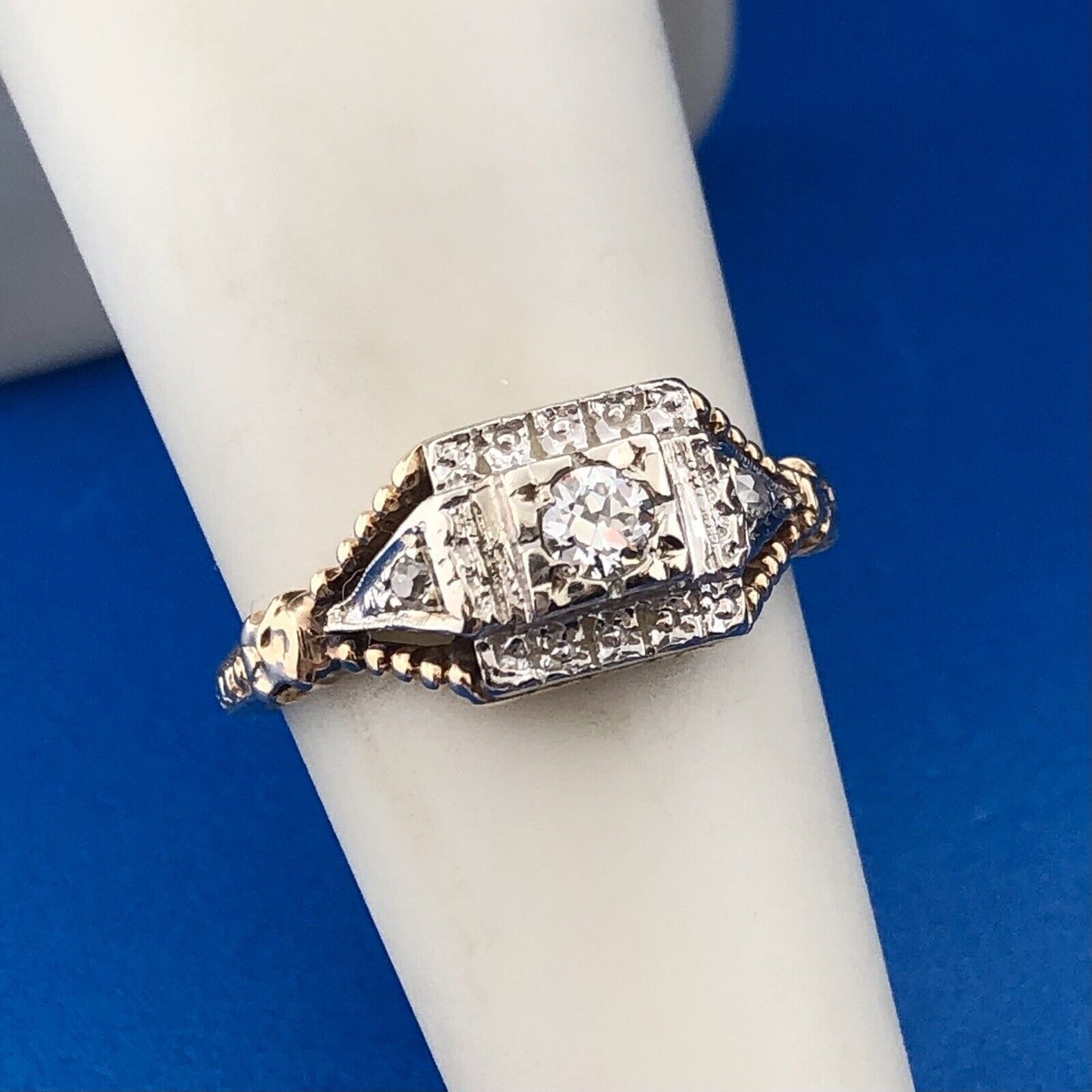 Art Deco 14K White Yellow Gold Diamond Accented Etruscan Style Engagement Ring