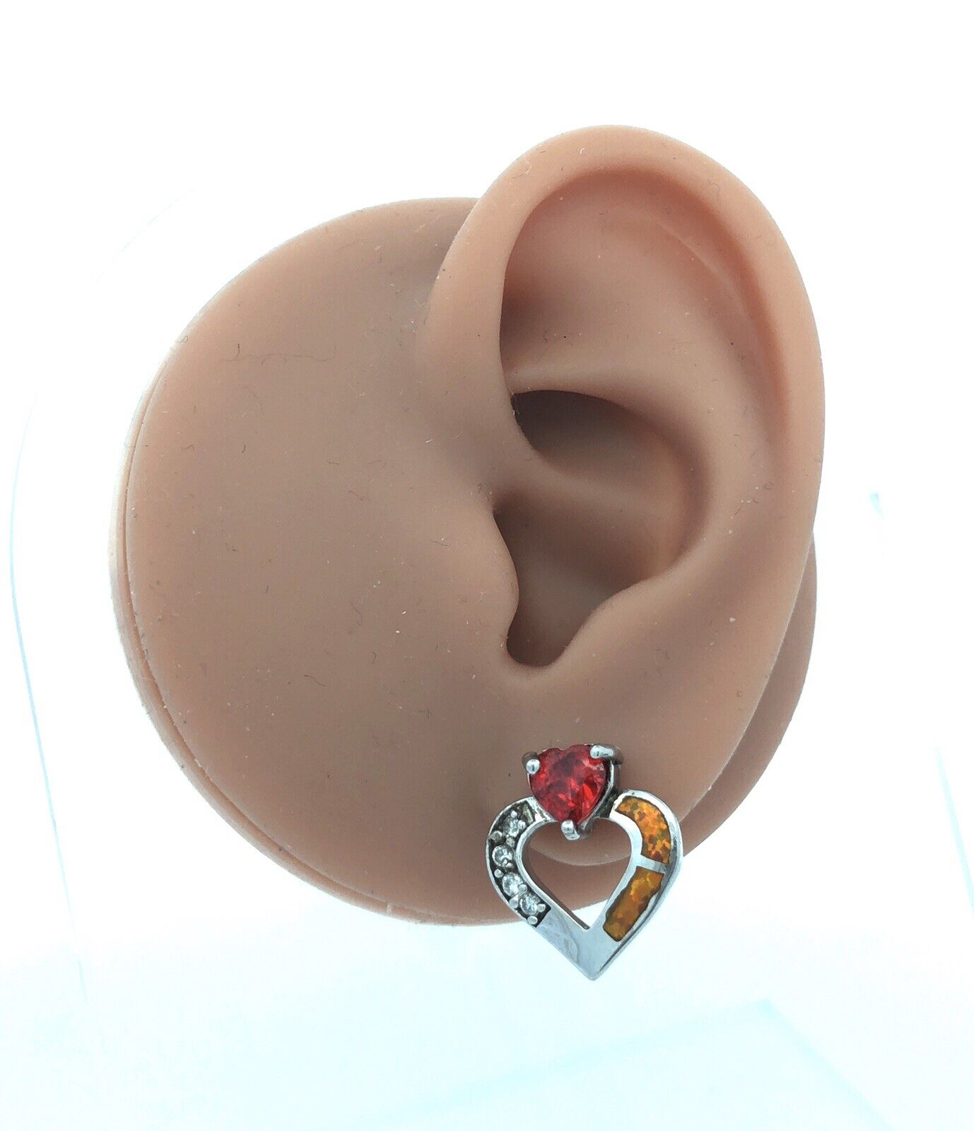 Unusual 925 Sterling Silver Red White Cubic Zirconia Opal Heart Stud Earrings