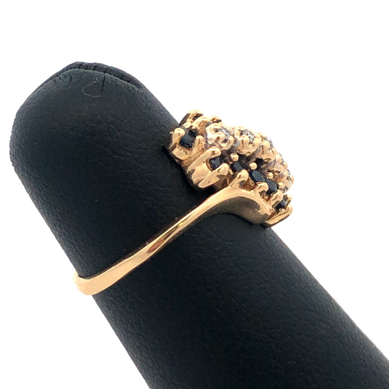 Designer WW 10K Yellow Gold Round Sapphire Diamond Oval Bypass Cluster Ring