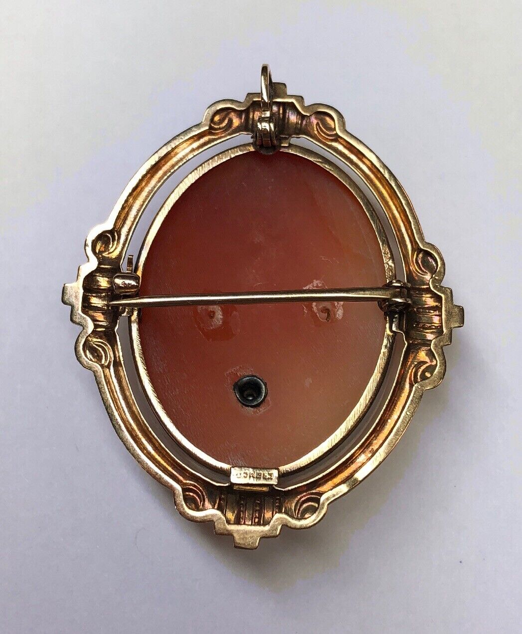 Vintage ESEMCO 14K Yellow Gold Diamond Caved Cameo Scroll Bead Pin Pendant