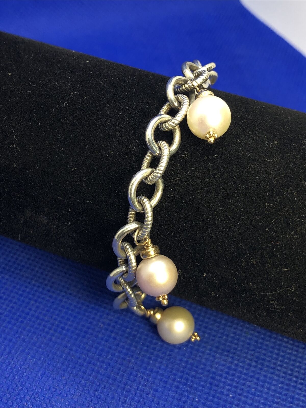 Estate 925 Sterling Silver 14K Gold Accented Pearl Charm Toggle Bracelet