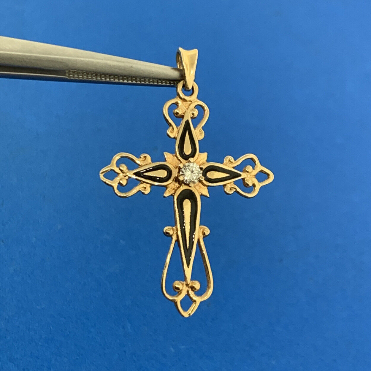 Retro 14K Yellow Gold Diamond Black Enamel Scroll Cross Religious Pendant