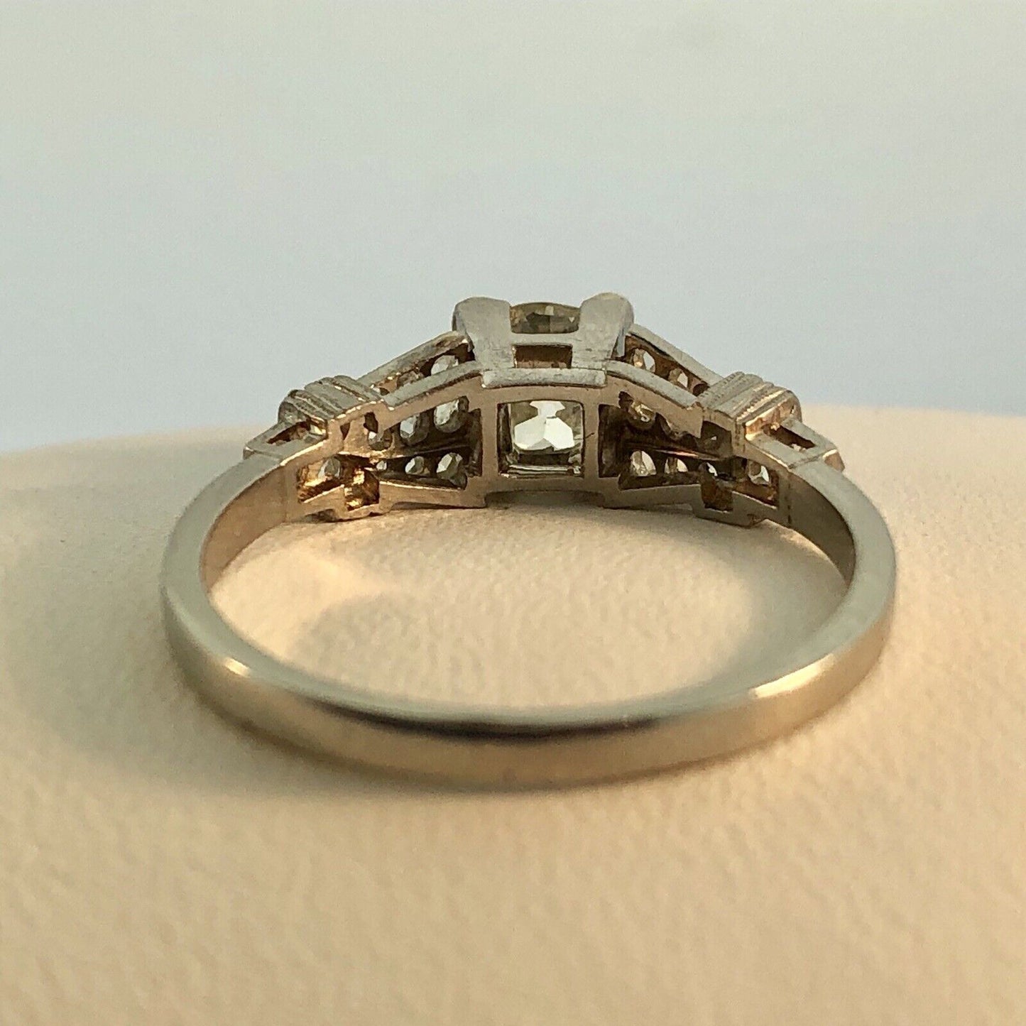 Art Deco Platinum European Mine Cut Diamond Solitaire W/Accents Engagement Ring