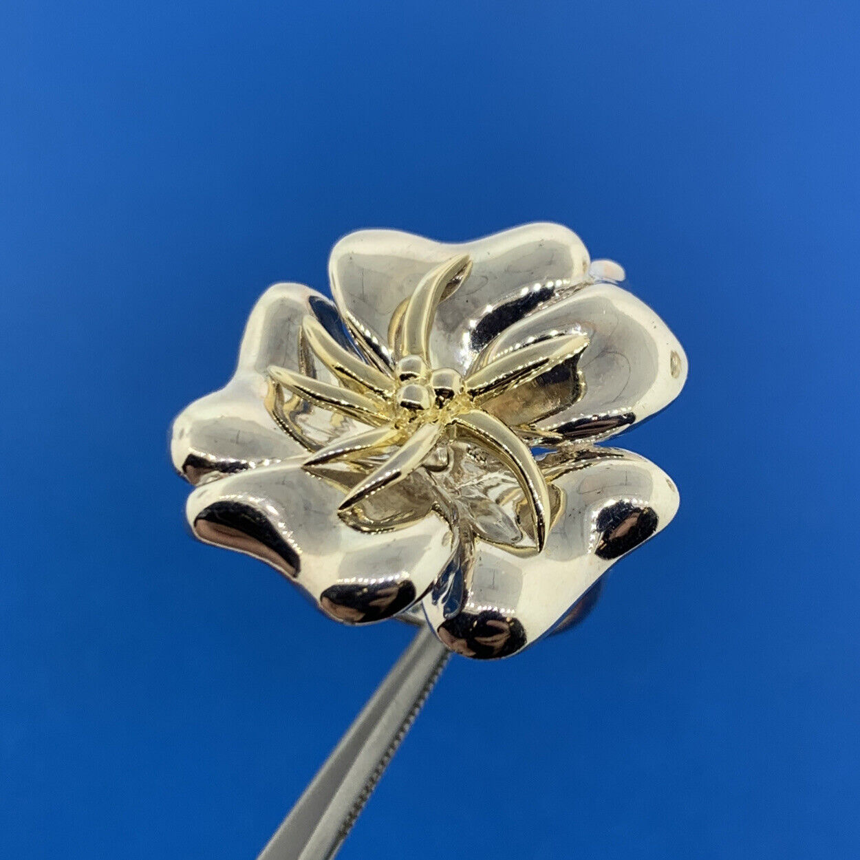 Designer China Sterling Silver 10K Gold Accent Flower Hibiscus Plumeria Ring