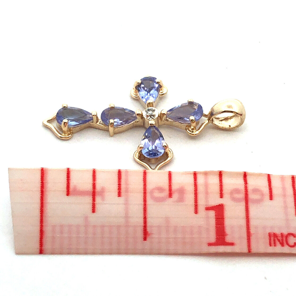 Designer Mexico 14K Yellow Gold Pear Tanzanite Diamond Accent Cross Pendant