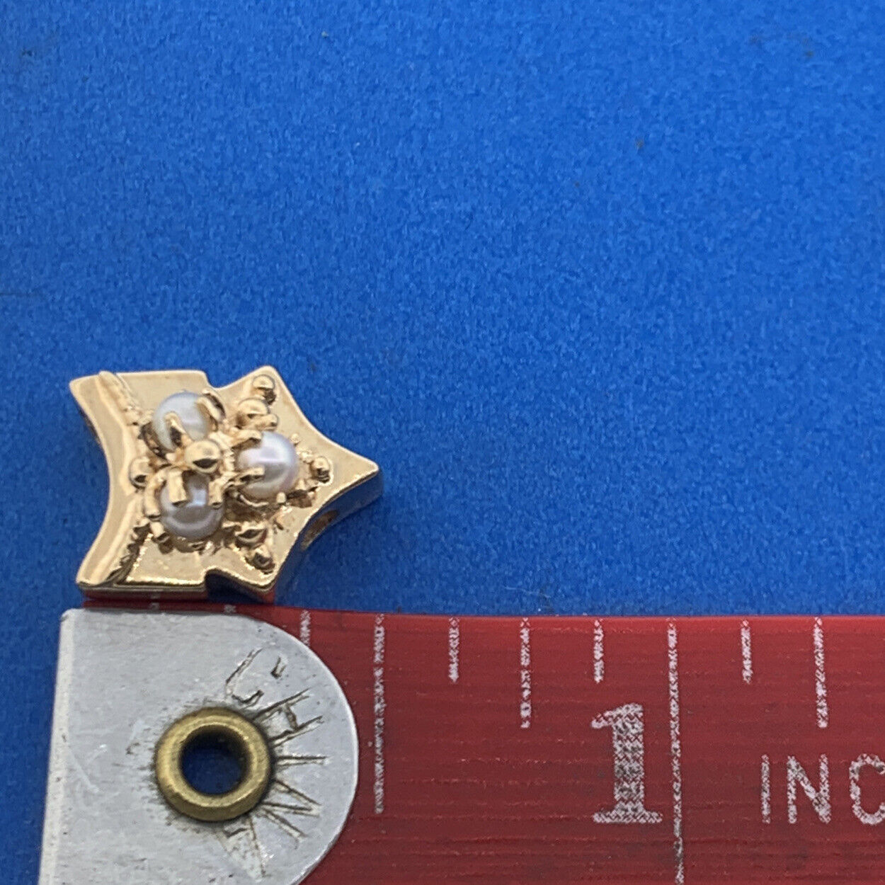 Vintage Designer 14K Yellow Gold Pearl Trio Etruscan Style Bracelet Slide Charm