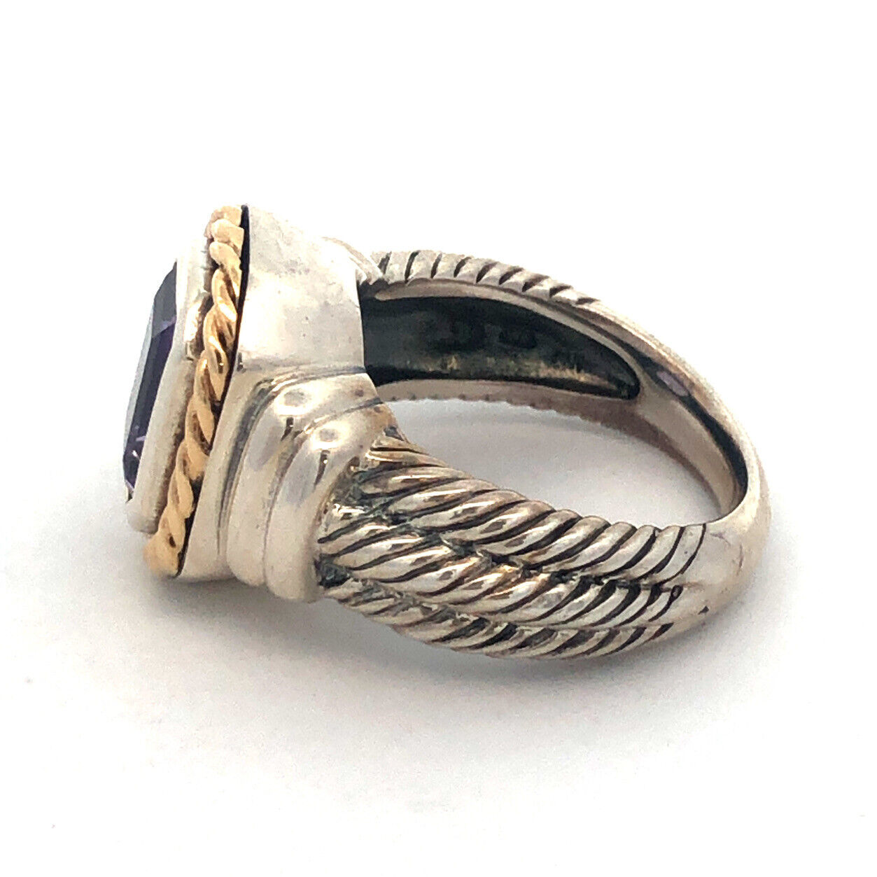 Designer CNA 925 Sterling Silver 14K Yellow Gold Emerald Cut Amethyst Sz 7 Ring