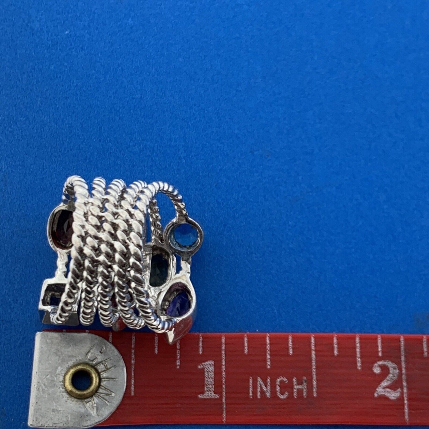 ATI 925 Sterling Silver Mixed Gemstone Five Rope Band Statement Cocktail Ring