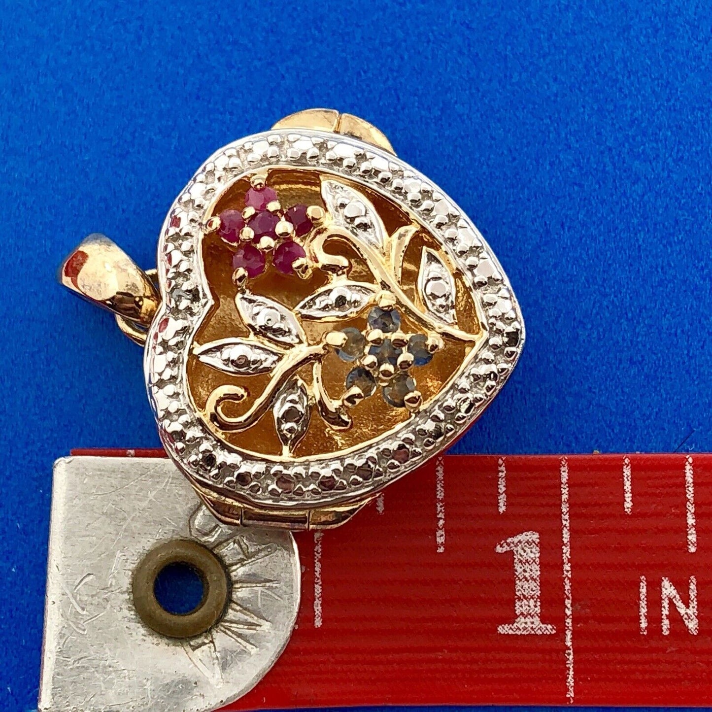 Vintage 925 Sterling Silver Vermeil Two Tone Sapphire Ruby Heart Locket Pendant