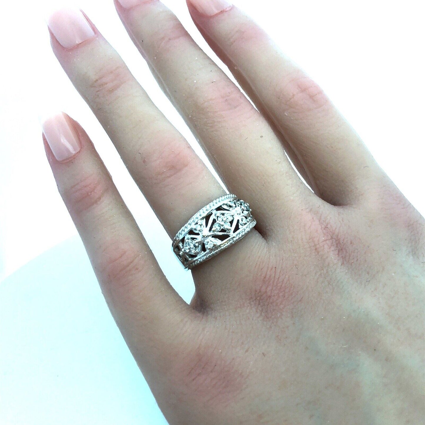 Stunning Designer FTJ 14K White Gold Diamond Celtic Design Band Ring Size 6.75
