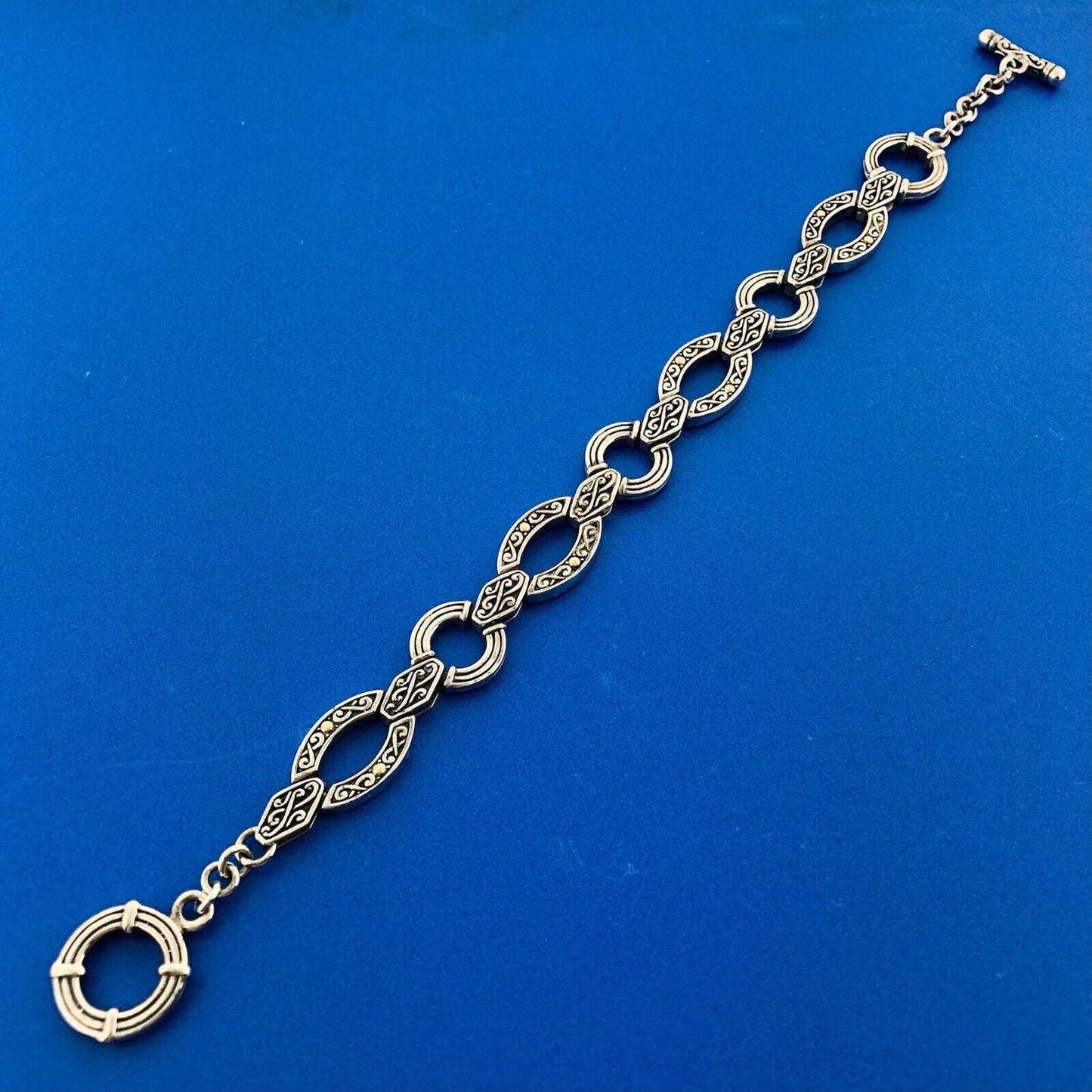 Designer 18K White Gold Sterling Silver Scroll Oval Circle Link Toggle Bracelet