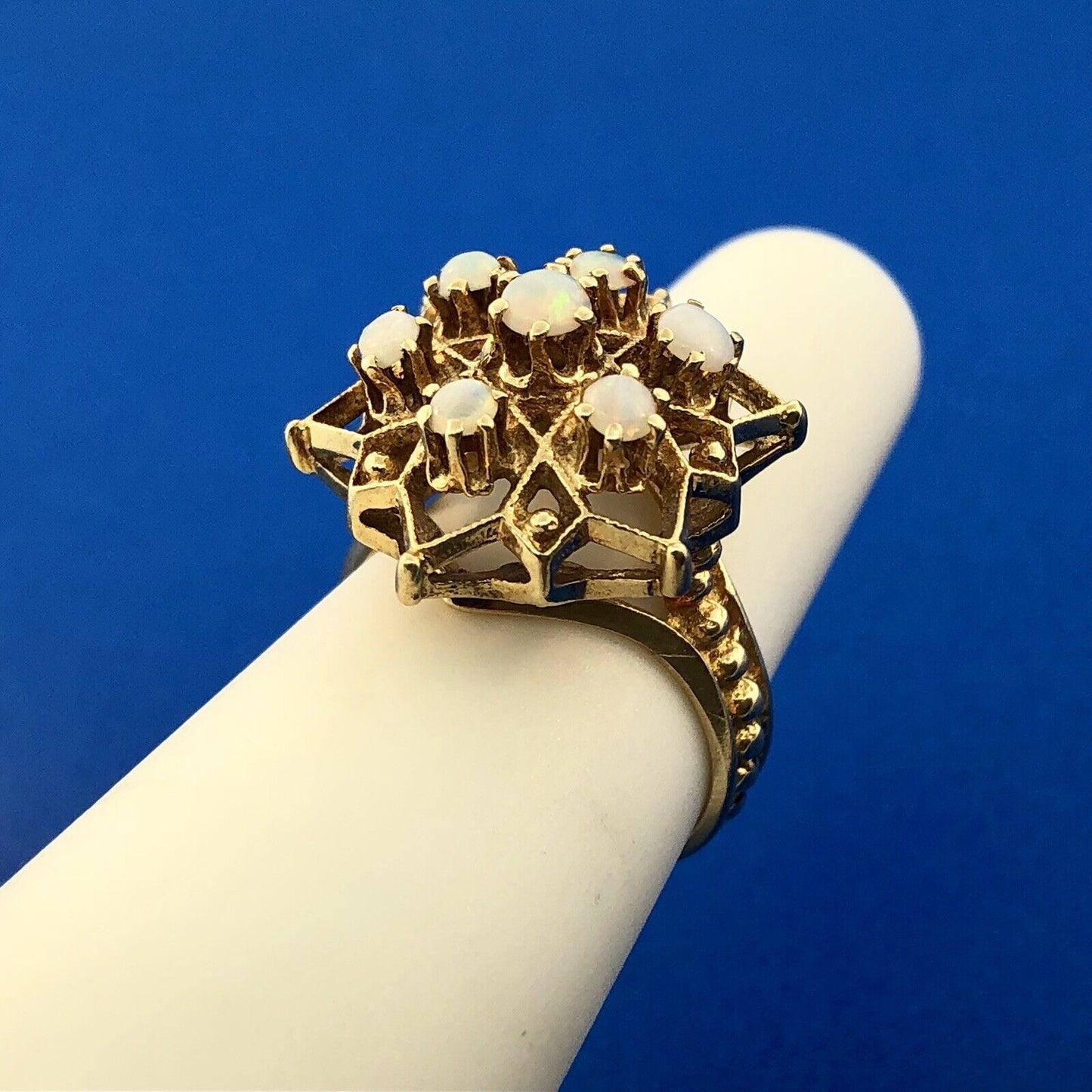 Art Nouveau 14K Yellow Gold Opal Star Flower Cluster October Etruscan Style Ring