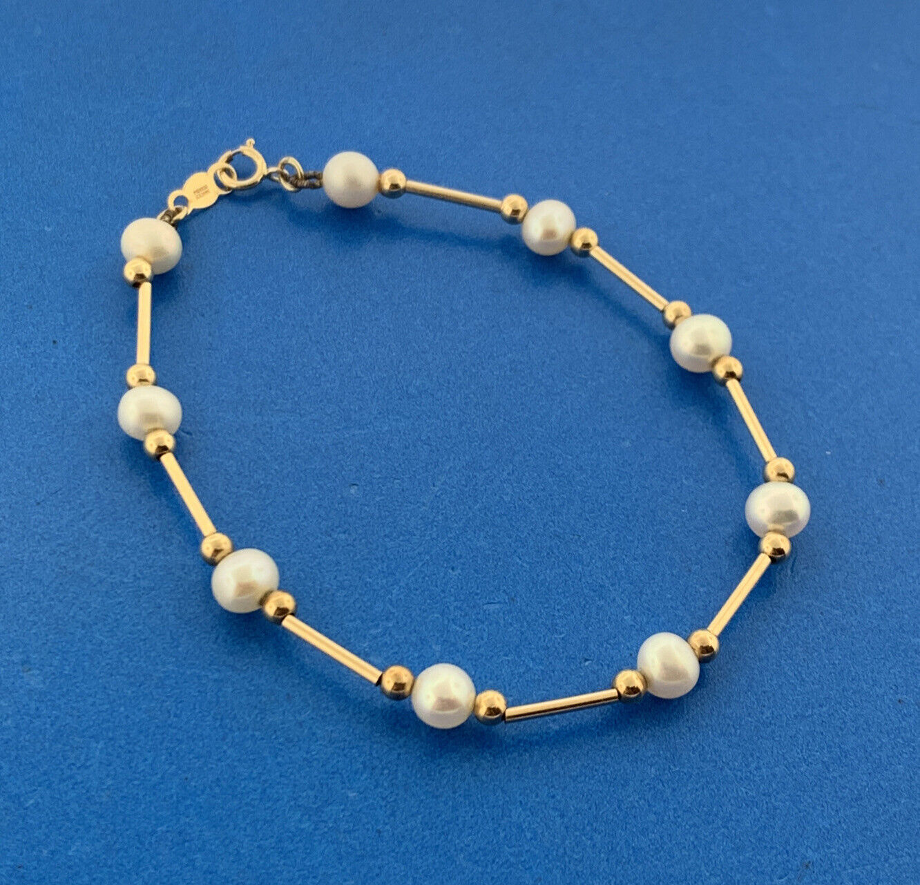 14K Yellow Gold Pearl & Gold Bead Bar June Wedding Anniversary Bracelet