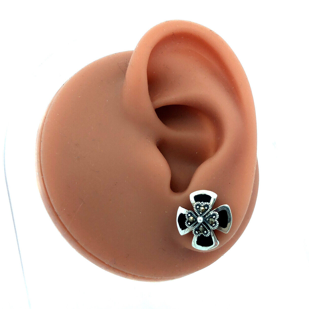 Estate Sterling Silver Black Onyx Inlay Marcasite 4 Leaf Clover Stud Earrings